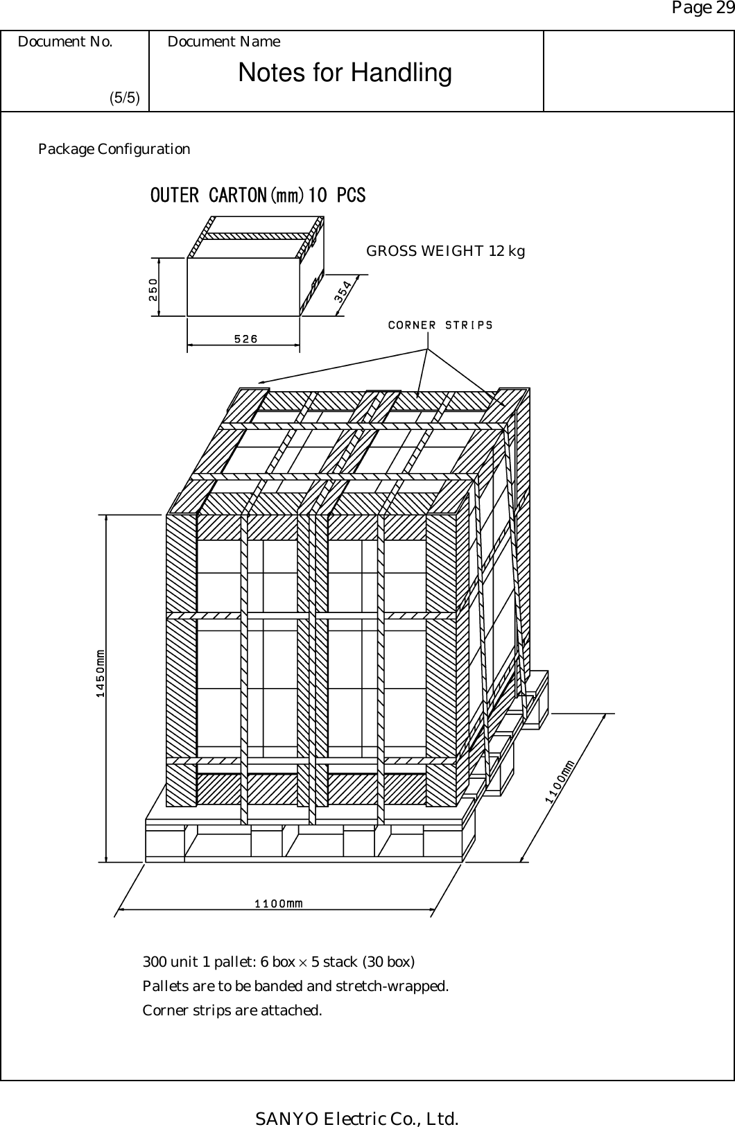 Page 29 Document No.  Document Name SANYO Electric Co., Ltd. Notes for Handling  (5/5) Package Configuration    GROSS WEIGHT 12 kg 300 unit 1 pallet: 6 box × 5 stack (30 box) Pallets are to be banded and stretch-wrapped. Corner strips are attached. 