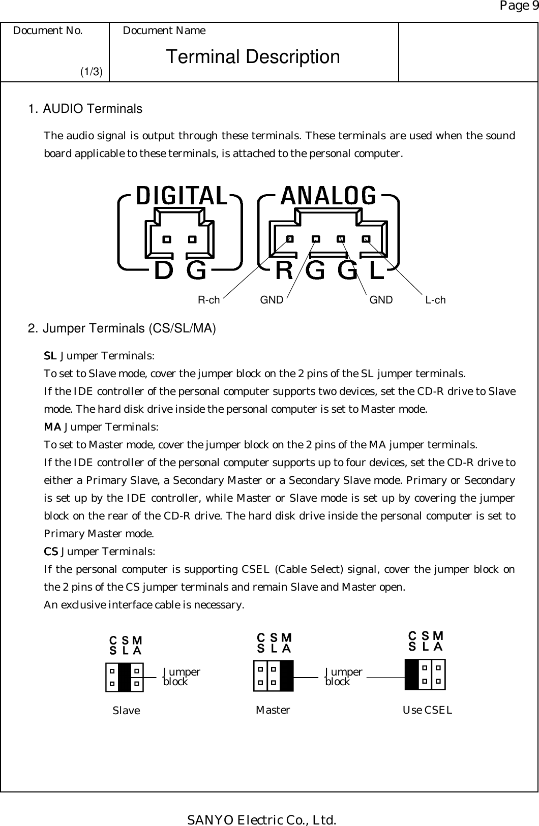 Page 9 Document No.  Document Name SANYO Electric Co., Ltd. Terminal Description (1/3) 1. AUDIO Terminals The audio signal is output through these terminals. These terminals are used when the sound board applicable to these terminals, is attached to the personal computer.           2. Jumper Terminals (CS/SL/MA) SLSLSLSL Jumper Terminals: To set to Slave mode, cover the jumper block on the 2 pins of the SL jumper terminals. If the IDE controller of the personal computer supports two devices, set the CD-R drive to Slave mode. The hard disk drive inside the personal computer is set to Master mode. MAMAMAMA Jumper Terminals: To set to Master mode, cover the jumper block on the 2 pins of the MA jumper terminals. If the IDE controller of the personal computer supports up to four devices, set the CD-R drive to either a Primary Slave, a Secondary Master or a Secondary Slave mode. Primary or Secondary is set up by the IDE controller, while Master or Slave mode is set up by covering the jumper block on the rear of the CD-R drive. The hard disk drive inside the personal computer is set to Primary Master mode. CSCSCSCS Jumper Terminals: If the personal computer is supporting CSEL (Cable Select) signal, cover the jumper block on the 2 pins of the CS jumper terminals and remain Slave and Master open. An exclusive interface cable is necessary.  R-ch GND L-ch GND  Slave   Master   Use CSEL Jumper block  Jumperblock 