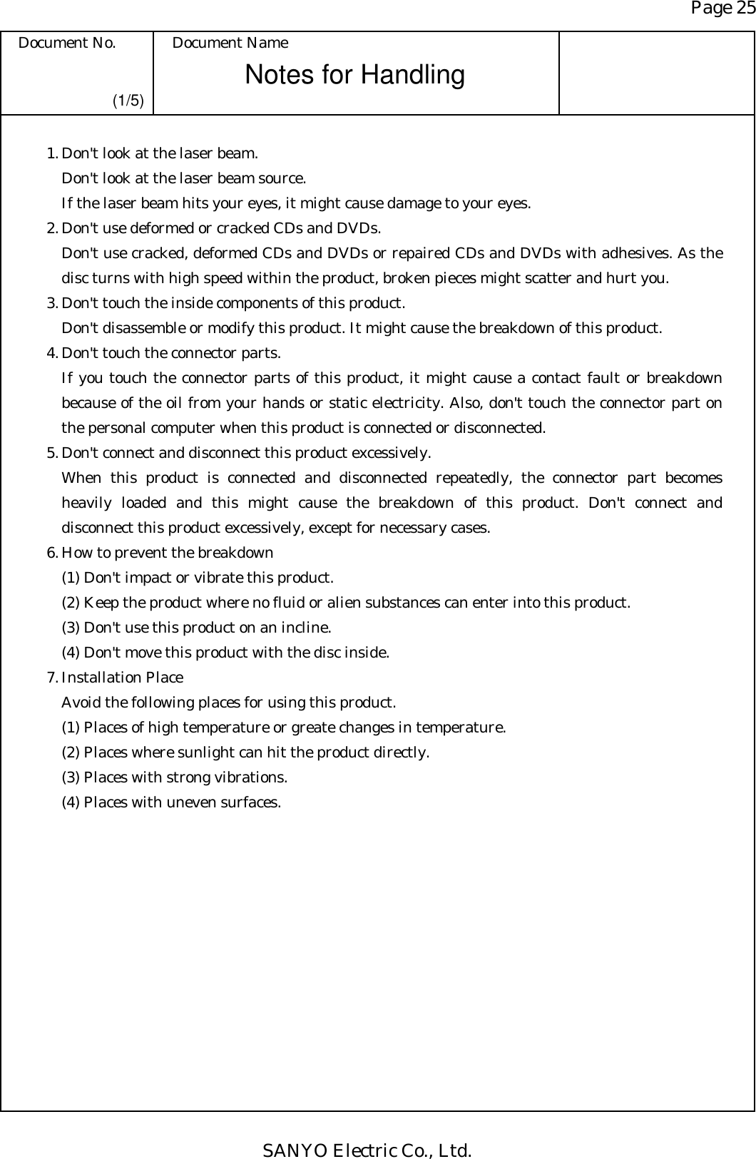 Page 25 Document No.  Document Name SANYO Electric Co., Ltd. Notes for Handling (1/5)   1. Don&apos;t look at the laser beam.   Don&apos;t look at the laser beam source.   If the laser beam hits your eyes, it might cause damage to your eyes.   2. Don&apos;t use deformed or cracked CDs and DVDs.   Don&apos;t use cracked, deformed CDs and DVDs or repaired CDs and DVDs with adhesives. As the disc turns with high speed within the product, broken pieces might scatter and hurt you.   3. Don&apos;t touch the inside components of this product.   Don&apos;t disassemble or modify this product. It might cause the breakdown of this product.   4. Don&apos;t touch the connector parts.   If you touch the connector parts of this product, it might cause a contact fault or breakdown because of the oil from your hands or static electricity. Also, don&apos;t touch the connector part on the personal computer when this product is connected or disconnected.   5. Don&apos;t connect and disconnect this product excessively.   When this product is connected and disconnected repeatedly, the connector part becomes heavily loaded and this might cause the breakdown of this product. Don&apos;t connect and disconnect this product excessively, except for necessary cases.   6. How to prevent the breakdown (1) Don&apos;t impact or vibrate this product. (2) Keep the product where no fluid or alien substances can enter into this product.  (3) Don&apos;t use this product on an incline. (4) Don&apos;t move this product with the disc inside.  7. Installation Place   Avoid the following places for using this product. (1) Places of high temperature or greate changes in temperature. (2) Places where sunlight can hit the product directly. (3) Places with strong vibrations. (4) Places with uneven surfaces.  