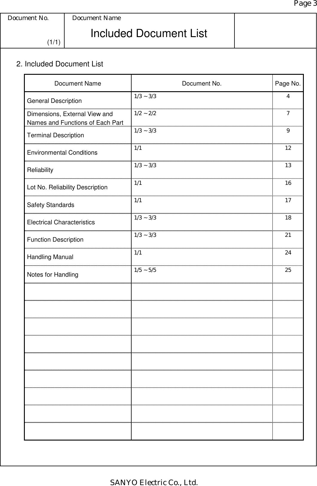 Page 3 Document No.  Document Name SANYO Electric Co., Ltd. Included Document List (1/1) 2. Included Document List Document Name  Document No.  Page No.General Description    1/3 ~ 3/3  4 Dimensions, External View and Names and Functions of Each Part 1/2 ~ 2/2  7 Terminal Description  1/3 ~ 3/3  9 Environmental Conditions  1/1 12 Reliability   1/3 ~ 3/3  13 Lot No. Reliability Description  1/1 16 Safety Standards  1/1 17 Electrical Characteristics  1/3 ~ 3/3  18 Function Description  1/3 ~ 3/3  21 Handling Manual  1/1 24 Notes for Handling  1/5 ~ 5/5  25                   