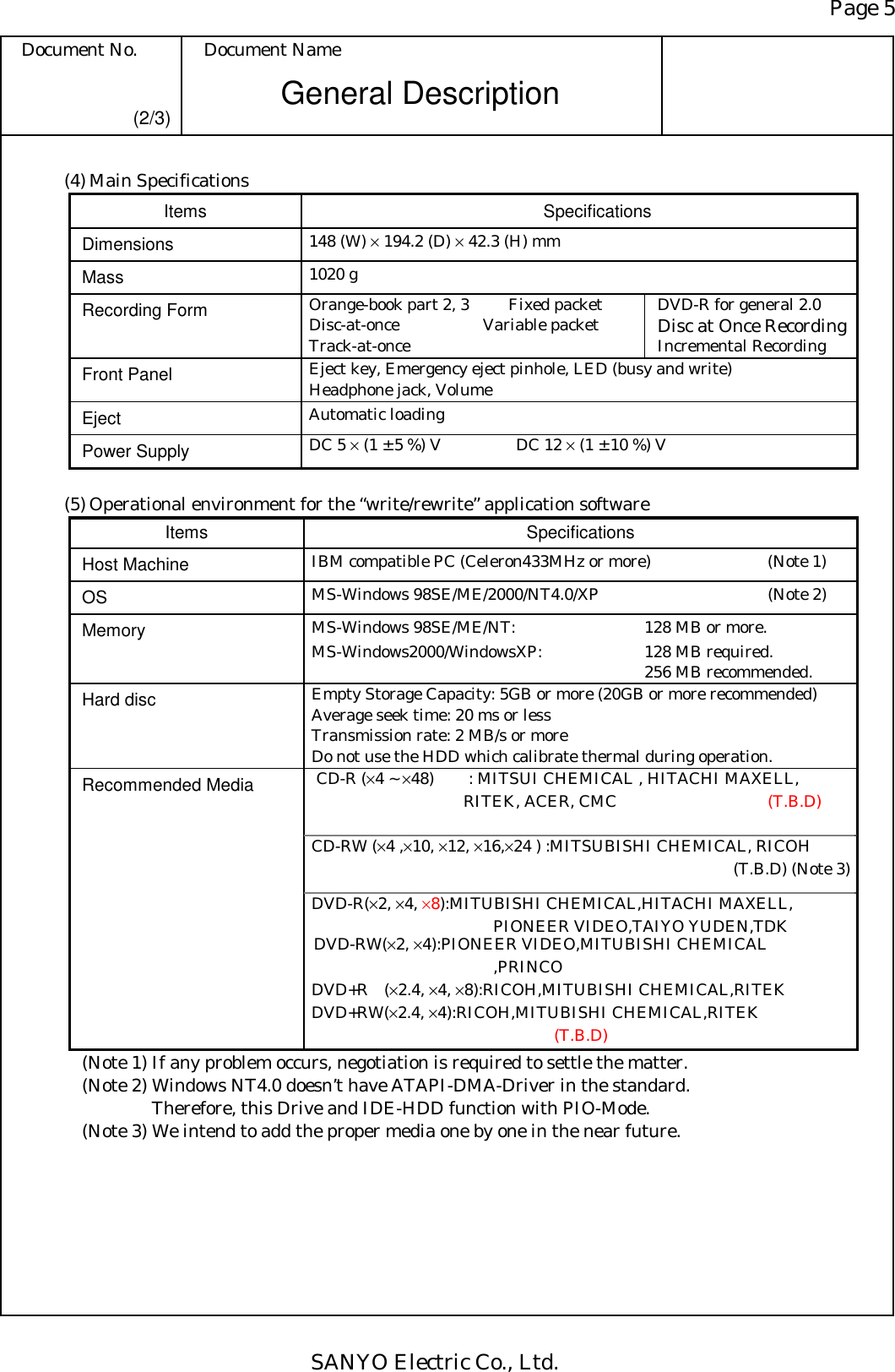 Page 5 Document No.  Document Name SANYO Electric Co., Ltd. General Description (2/3) (4) Main Specifications Items Specifications Dimensions  148 (W) × 194.2 (D) × 42.3 (H) mm Mass  1020 g Recording Form  Orange-book part 2, 3  Fixed packet Disc-at-once   Variable packet Track-at-once DVD-R for general 2.0 Disc at Once RecordingIncremental Recording Front Panel  Eject key, Emergency eject pinhole, LED (busy and write) Headphone jack, Volume Eject  Automatic loading Power Supply  DC 5 × (1 ± 5 %) V   DC 12 × (1 ± 10 %) V  (5) Operational environment for the “write/rewrite” application software Items Specifications Host Machine  IBM compatible PC (Celeron433MHz or more)  (Note 1) OS  MS-Windows 98SE/ME/2000/NT4.0/XP  (Note 2) Memory  MS-Windows 98SE/ME/NT:  128 MB or more. MS-Windows2000/WindowsXP:  128 MB required.    256 MB recommended. Hard disc  Empty Storage Capacity: 5GB or more (20GB or more recommended) Average seek time: 20 ms or less Transmission rate: 2 MB/s or more Do not use the HDD which calibrate thermal during operation.  CD-R (×4 ~ ×48)   : MITSUI CHEMICAL , HITACHI MAXELL,   RITEK, ACER, CMC  (T.B.D) CD-RW (×4 ,×10, ×12, ×16,×24 ) :MITSUBISHI CHEMICAL, RICOH   (T.B.D) (Note 3)Recommended Media DVD-R(×2, ×4, ×8):MITUBISHI CHEMICAL,HITACHI MAXELL,    PIONEER VIDEO,TAIYO YUDEN,TDK  DVD-RW(×2, ×4):PIONEER VIDEO,MITUBISHI CHEMICAL    ,PRINCO DVD+R (×2.4, ×4, ×8):RICOH,MITUBISHI CHEMICAL,RITEK DVD+RW(×2.4, ×4):RICOH,MITUBISHI CHEMICAL,RITEK (T.B.D) (Note 1) If any problem occurs, negotiation is required to settle the matter. (Note 2) Windows NT4.0 doesn’t have ATAPI-DMA-Driver in the standard.     Therefore, this Drive and IDE-HDD function with PIO-Mode. (Note 3) We intend to add the proper media one by one in the near future.  