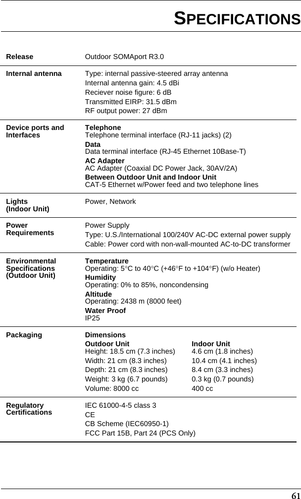 61SPECIFICATIONSRelease Outdoor SOMAport R3.0Internal antenna Type: internal passive-steered array antennaInternal antenna gain: 4.5 dBiReciever noise figure: 6 dBTransmitted EIRP: 31.5 dBmRF output power: 27 dBmDevice ports and Interfaces TelephoneTelephone terminal interface (RJ-11 jacks) (2)DataData terminal interface (RJ-45 Ethernet 10Base-T)AC AdapterAC Adapter (Coaxial DC Power Jack, 30AV/2A)Between Outdoor Unit and Indoor UnitCAT-5 Ethernet w/Power feed and two telephone linesLights(Indoor Unit) Power, NetworkPower Requirements Power SupplyType: U.S./International 100/240V AC-DC external power supplyCable: Power cord with non-wall-mounted AC-to-DC transformerEnvironmental Specifications (Outdoor Unit)Temperature Operating: 5°C to 40°C (+46°F to +104°F) (w/o Heater)HumidityOperating: 0% to 85%, noncondensingAltitudeOperating: 2438 m (8000 feet)Water ProofIP25Packaging DimensionsOutdoor UnitHeight: 18.5 cm (7.3 inches)Width: 21 cm (8.3 inches)Depth: 21 cm (8.3 inches)Weight: 3 kg (6.7 pounds)Volume: 8000 ccIndoor Unit4.6 cm (1.8 inches)10.4 cm (4.1 inches)8.4 cm (3.3 inches)0.3 kg (0.7 pounds)400 ccRegulatory Certifications IEC 61000-4-5 class 3CECB Scheme (IEC60950-1)FCC Part 15B, Part 24 (PCS Only)