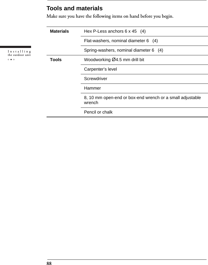 88Installingthe outdoor unitTools and materialsMake sure you have the following items on hand before you begin.Materials Hex P-Less anchors 6 x 45   (4)Flat-washers, nominal diameter 6   (4)Spring-washers, nominal diameter 6   (4)Tools Woodworking Ø4.5 mm drill bitCarpenter’s levelScrewdriverHammer 8, 10 mm open-end or box-end wrench or a small adjustable wrenchPencil or chalk