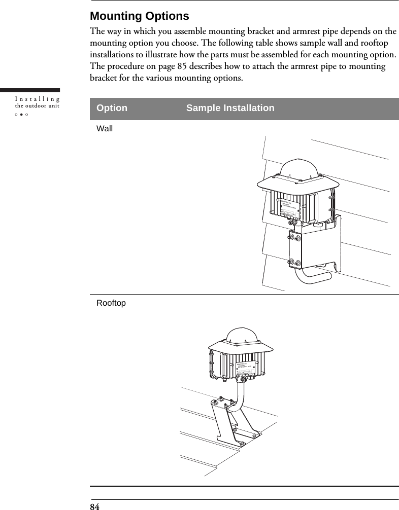 84Installingthe outdoor unitMounting OptionsThe way in which you assemble mounting bracket and armrest pipe depends on the mounting option you choose. The following table shows sample wall and rooftop installations to illustrate how the parts must be assembled for each mounting option. The procedure on page 85 describes how to attach the armrest pipe to mounting bracket for the various mounting options.Option Sample InstallationWallRooftop