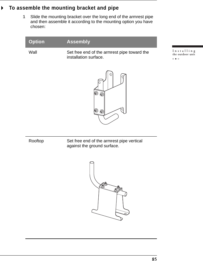 85Installingthe outdoor unitTo assemble the mounting bracket and pipe1Slide the mounting bracket over the long end of the armrest pipe and then assemble it according to the mounting option you have chosen:Option AssemblyWall Set free end of the armrest pipe toward the installation surface.Rooftop Set free end of the armrest pipe vertical against the ground surface.