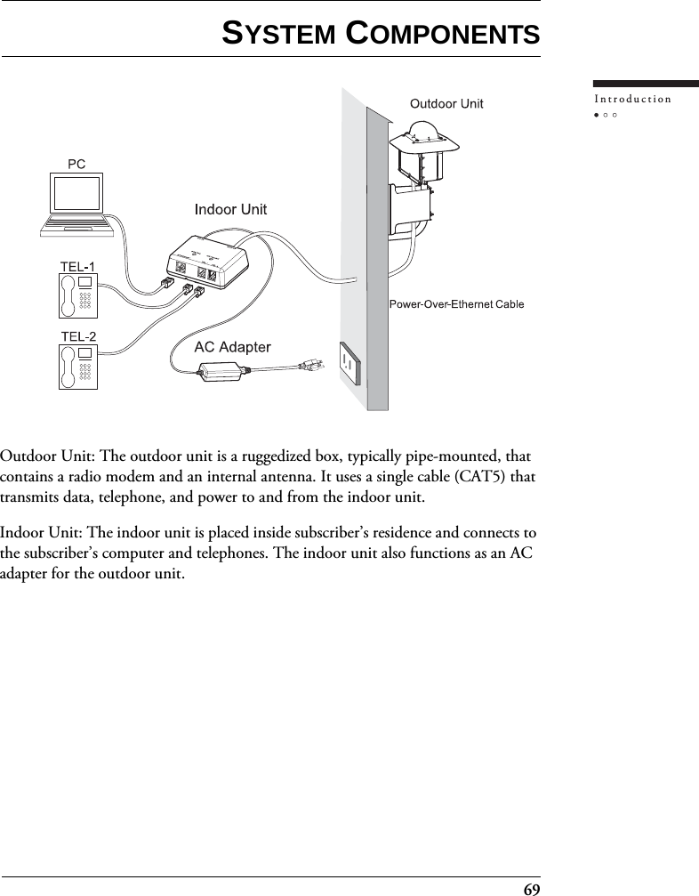 69IntroductionSYSTEM COMPONENTSOutdoor Unit: The outdoor unit is a ruggedized box, typically pipe-mounted, that contains a radio modem and an internal antenna. It uses a single cable (CAT5) that transmits data, telephone, and power to and from the indoor unit.Indoor Unit: The indoor unit is placed inside subscriber’s residence and connects to the subscriber’s computer and telephones. The indoor unit also functions as an AC adapter for the outdoor unit.