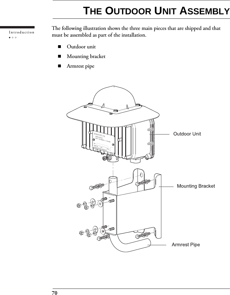 70IntroductionTHE OUTDOOR UNIT ASSEMBLYThe following illustration shows the three main pieces that are shipped and that must be assembled as part of the installation.Outdoor unitMounting bracketArmrest pipe