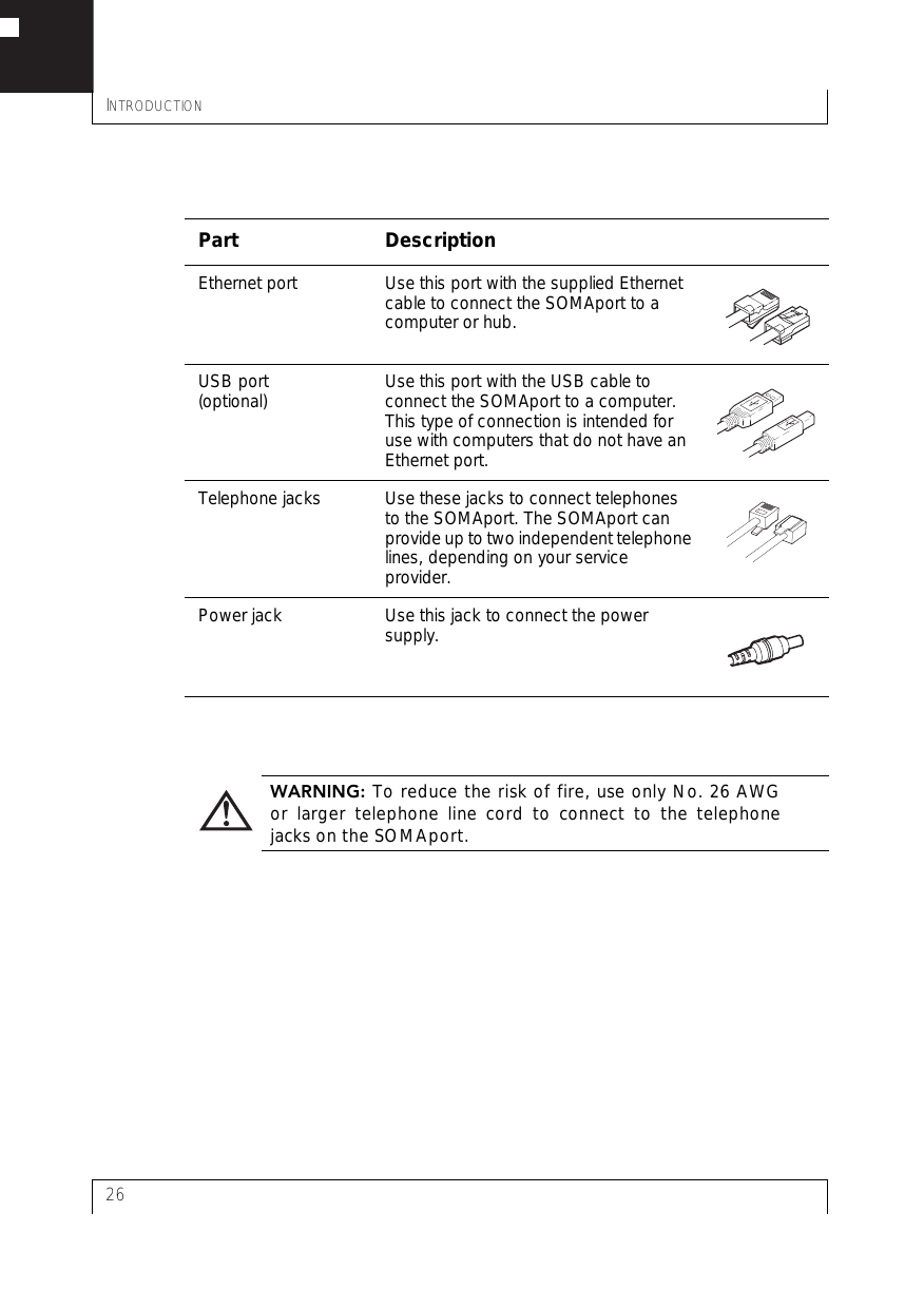 INTRODUCTION26Part DescriptionEthernet port Use this port with the supplied Ethernet cable to connect the SOMAport to a computer or hub.USB port(optional) Use this port with the USB cable to connect the SOMAport to a computer. This type of connection is intended for use with computers that do not have an Ethernet port.Telephone jacks Use these jacks to connect telephones to the SOMAport. The SOMAport can provide up to two independent telephone lines, depending on your service provider.Power jack Use this jack to connect the power supply.WARNING: To reduce the risk of fire, use only No. 26 AWGor larger telephone line cord to connect to the telephonejacks on the SOMAport.