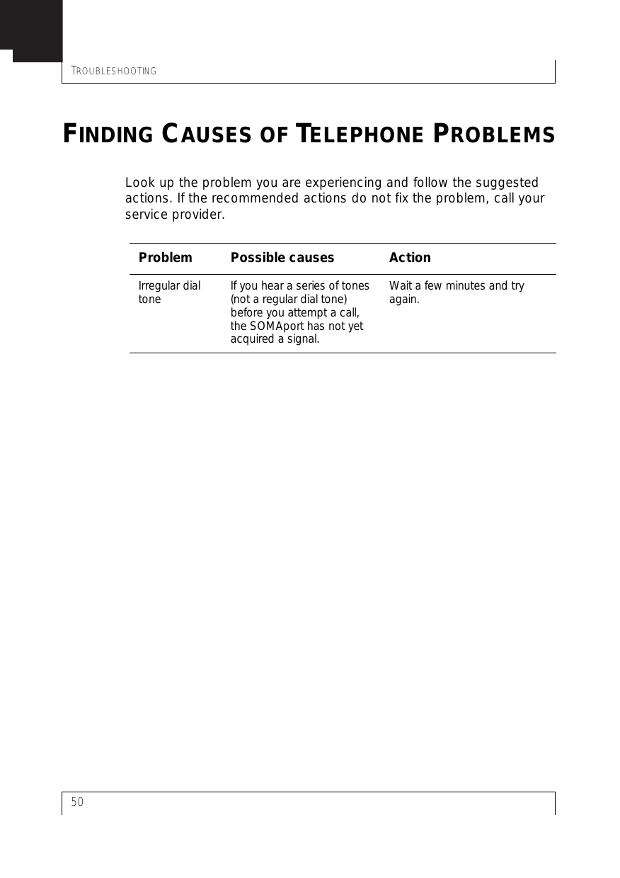 TROUBLESHOOTING50FINDING CAUSES OF TELEPHONE PROBLEMSLook up the problem you are experiencing and follow the suggested actions. If the recommended actions do not fix the problem, call your service provider.Problem Possible causes ActionIrregular dial tone If you hear a series of tones (not a regular dial tone) before you attempt a call, the SOMAport has not yet acquired a signal.Wait a few minutes and try again.