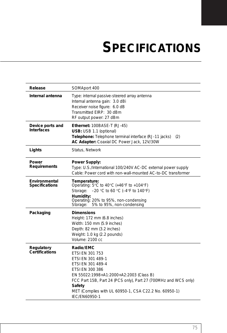 75Release SOMAport 400Internal antenna Type: internal passive-steered array antennaInternal antenna gain:  3.0 dBiReceiver noise figure:  6.0 dBTransmitted EIRP:  30 dBmRF output power: 27 dBmDevice ports and Interfaces Ethernet: 100BASE-T (RJ-45)USB: USB 1.1 (optional)Telephone: Telephone terminal interface (RJ-11 jacks)    (2)AC Adapter: Coaxial DC Power Jack, 12V/30W Lights Status, NetworkPower Requirements Power Supply: Type: U.S./International 100/240V AC-DC external power supplyCable: Power cord with non-wall-mounted AC-to-DC transformerEnvironmental Specifications  Temperature: Operating: 5°C to 40°C (+46°F to +104°F)Storage:    –20 °C to 60 °C (–4°F to 140°F)Humidity: Operating: 20% to 95%, non-condensingStorage:    5% to 95%, non-condensingPackaging DimensionsHeight: 172 mm (6.8 inches)Width: 150 mm (5.9 inches)Depth: 82 mm (3.2 inches)Weight: 1.0 kg (2.2 pounds)Volume: 2100 ccRegulatory Certifications Radio/EMCETSI EN 301 753ETSI EN 301 489-1 ETSI EN 301 489-4ETSI EN 300 386 EN 55022:1998+A1:2000+A2:2003 (Class B) FCC Part 15B, Part 24 (PCS only), Part 27 (700MHz and WCS only)SafetyMET (Complies with UL 60950-1, CSA C22.2 No. 60950-1)IEC/EN60950-1SPECIFICATIONS