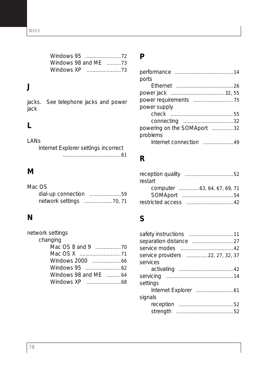 INDEX78Windows 95 .........................72Windows 98 and ME ..........73Windows XP ........................73Jjacks.  See telephone jacks and powerjackLLANsInternet Explorer settings incorrect .........................................61MMac OSdial-up connection ......................59network settings ....................70, 71Nnetwork settingschangingMac OS 8 and 9 ..................70Mac OS X .............................71Windows 2000 ....................66Windows 95 .........................62Windows 98 and ME ..........64Windows XP ........................68Pperformance .........................................14portsEthernet ........................................26power jack ......................................32, 55power requirements ............................75power supplycheck ............................................55connecting ...................................32powering on the SOMAport ...............32problemsInternet connection .....................49Rreception quality ..................................52restartcomputer ..............63, 64, 67, 69, 71SOMAport ....................................54restricted access .................................42Ssafety instructions ...............................11separation distance .............................27service modes .....................................42service providers ...............22, 27, 32, 37servicesactivating ......................................42servicing ...............................................14settingsInternet Explorer ..........................61signalsreception ......................................52strength ........................................52