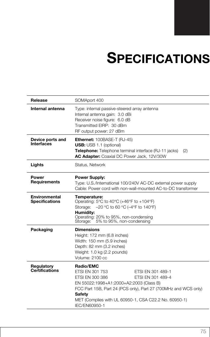 75Release SOMAport 400Internal antenna Type: internal passive-steered array antennaInternal antenna gain:  3.0 dBiReceiver noise figure:  6.0 dBTransmitted EIRP:  30 dBmRF output power: 27 dBmDevice ports and InterfacesEthernet: 100BASE-T (RJ-45)USB: USB 1.1 (optional)Telephone: Telephone terminal interface (RJ-11 jacks)    (2)AC Adapter: Coaxial DC Power Jack, 12V/30W Lights Status, NetworkPower RequirementsPower Supply: Type: U.S./International 100/240V AC-DC external power supplyCable: Power cord with non-wall-mounted AC-to-DC transformerEnvironmental Specifications Temperature: Operating: 5°C to 40°C (+46°F to +104°F)Storage:    –20 °C to 60 °C (–4°F to 140°F)Humidity: Operating: 20% to 95%, non-condensingStorage:    5% to 95%, non-condensingPackaging DimensionsHeight: 172 mm (6.8 inches)Width: 150 mm (5.9 inches)Depth: 82 mm (3.2 inches)Weight: 1.0 kg (2.2 pounds)Volume: 2100 ccRegulatory CertificationsRadio/EMCETSI EN 301 753                      ETSI EN 301 489-1 ETSI EN 300 386                      ETSI EN 301 489-4EN 55022:1998+A1:2000+A2:2003 (Class B) FCC Part 15B, Part 24 (PCS only), Part 27 (700MHz and WCS only)SafetyMET (Complies with UL 60950-1, CSA C22.2 No. 60950-1)IEC/EN60950-1SPECIFICATIONS