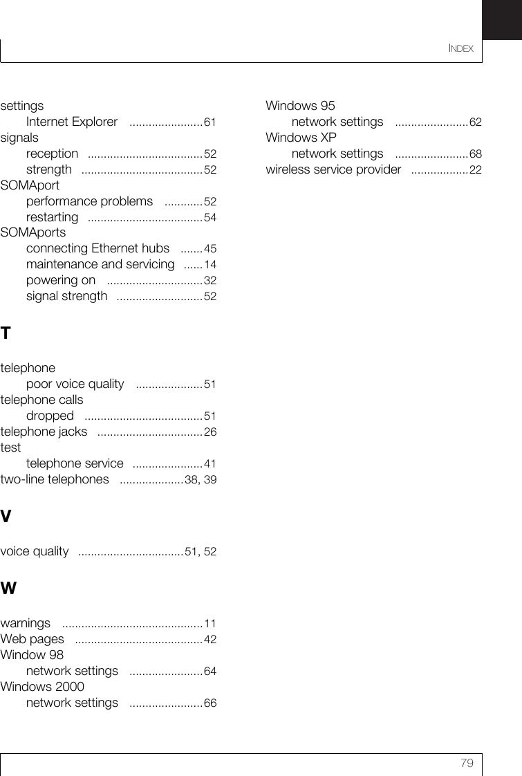 INDEX79settingsInternet Explorer .......................61signalsreception ....................................52strength ......................................52SOMAportperformance problems ............52restarting ....................................54SOMAportsconnecting Ethernet hubs .......45maintenance and servicing ......14powering on ..............................32signal strength ...........................52Ttelephonepoor voice quality .....................51telephone callsdropped .....................................51telephone jacks ................................. 26testtelephone service ...................... 41two-line telephones ....................38, 39Vvoice quality .................................51, 52Wwarnings ............................................11Web pages ........................................42Window 98network settings .......................64Windows 2000network settings .......................66Windows 95network settings .......................62Windows XPnetwork settings .......................68wireless service provider ..................22