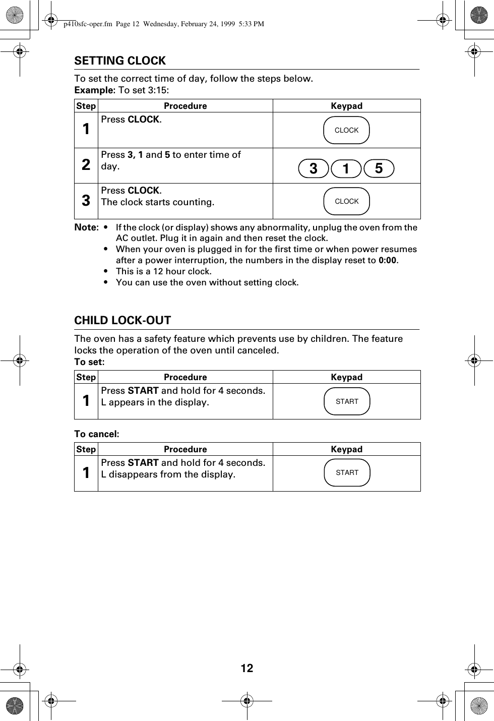 12SETTING CLOCKTo set the correct time of day, follow the steps below.Example: To set 3:15:Note: • If the clock (or display) shows any abnormality, unplug the oven from the AC outlet. Plug it in again and then reset the clock.•When your oven is plugged in for the first time or when power resumes after a power interruption, the numbers in the display reset to 0:00. •This is a 12 hour clock.•You can use the oven without setting clock.CHILD LOCK-OUTThe oven has a safety feature which prevents use by children. The feature locks the operation of the oven until canceled.To set:To cancel:Step Procedure Keypad1Press CLOCK.2Press 3, 1 and 5 to enter time of day.3Press CLOCK.The clock starts counting.CLOCK315CLOCKStep Procedure Keypad1Press START and hold for 4 seconds. L appears in the display. STARTStep Procedure Keypad1Press START and hold for 4 seconds. L disappears from the display. STARTp410sfc-oper.fm  Page 12  Wednesday, February 24, 1999  5:33 PM