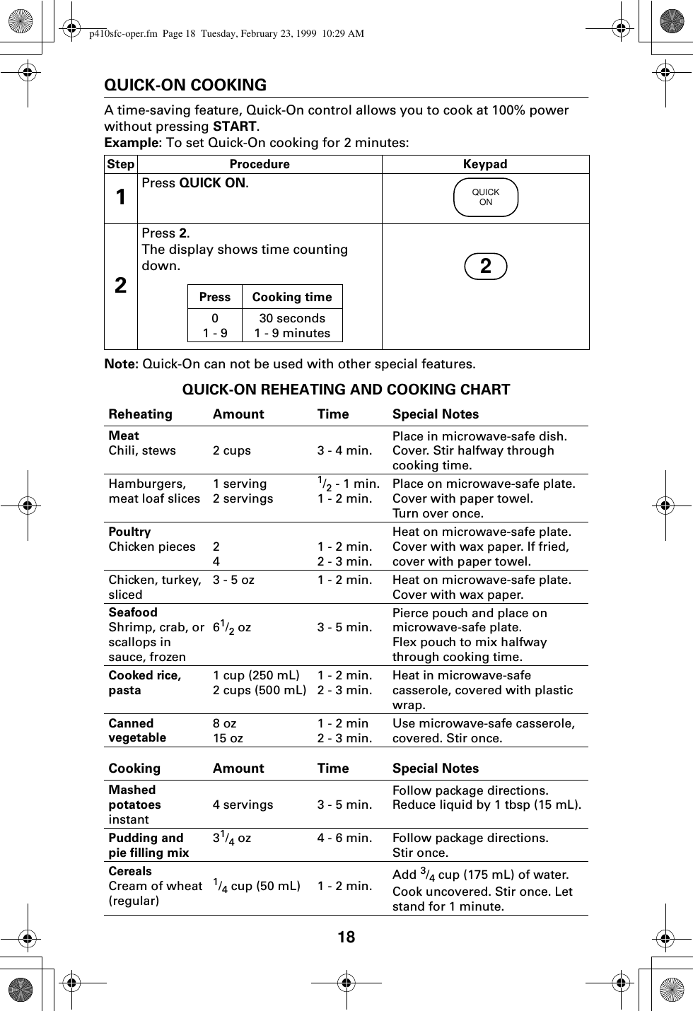 18QUICK-ON COOKINGA time-saving feature, Quick-On control allows you to cook at 100% power without pressing START.Example: To set Quick-On cooking for 2 minutes:Note: Quick-On can not be used with other special features.QUICK-ON REHEATING AND COOKING CHARTStep Procedure Keypad1Press QUICK ON.2Press 2.The display shows time counting down.QUICKONPress Cooking time01 - 930 seconds1 - 9 minutes2Reheating Amount Time Special NotesMeatChili, stews 2 cups 3 - 4 min. Place in microwave-safe dish. Cover. Stir halfway through cooking time.Hamburgers, meat loaf slices1 serving2 servings1/2 - 1 min.1 - 2 min.Place on microwave-safe plate.Cover with paper towel.Turn over once.PoultryChicken pieces 241 - 2 min.2 - 3 min.Heat on microwave-safe plate.Cover with wax paper. If fried, cover with paper towel.Chicken, turkey, sliced3 - 5 oz 1 - 2 min. Heat on microwave-safe plate.Cover with wax paper.SeafoodShrimp, crab, or scallops in sauce, frozen61/2 oz 3 - 5 min.Pierce pouch and place on microwave-safe plate. Flex pouch to mix halfway through cooking time.Cooked rice, pasta1 cup (250 mL)2 cups (500 mL)1 - 2 min.2 - 3 min.Heat in microwave-safe casserole, covered with plastic wrap.Canned vegetable8 oz15 oz1 - 2 min2 - 3 min.Use microwave-safe casserole, covered. Stir once.Cooking Amount Time Special NotesMashed potatoesinstant4 servings 3 - 5 min.Follow package directions. Reduce liquid by 1 tbsp (15 mL).Pudding and pie filling mix31/4 oz 4 - 6 min. Follow package directions. Stir once.CerealsCream of wheat (regular)1/4 cup (50 mL) 1 - 2 min. Add 3/4 cup (175 mL) of water. Cook uncovered. Stir once. Let stand for 1 minute.p410sfc-oper.fm  Page 18  Tuesday, February 23, 1999  10:29 AM