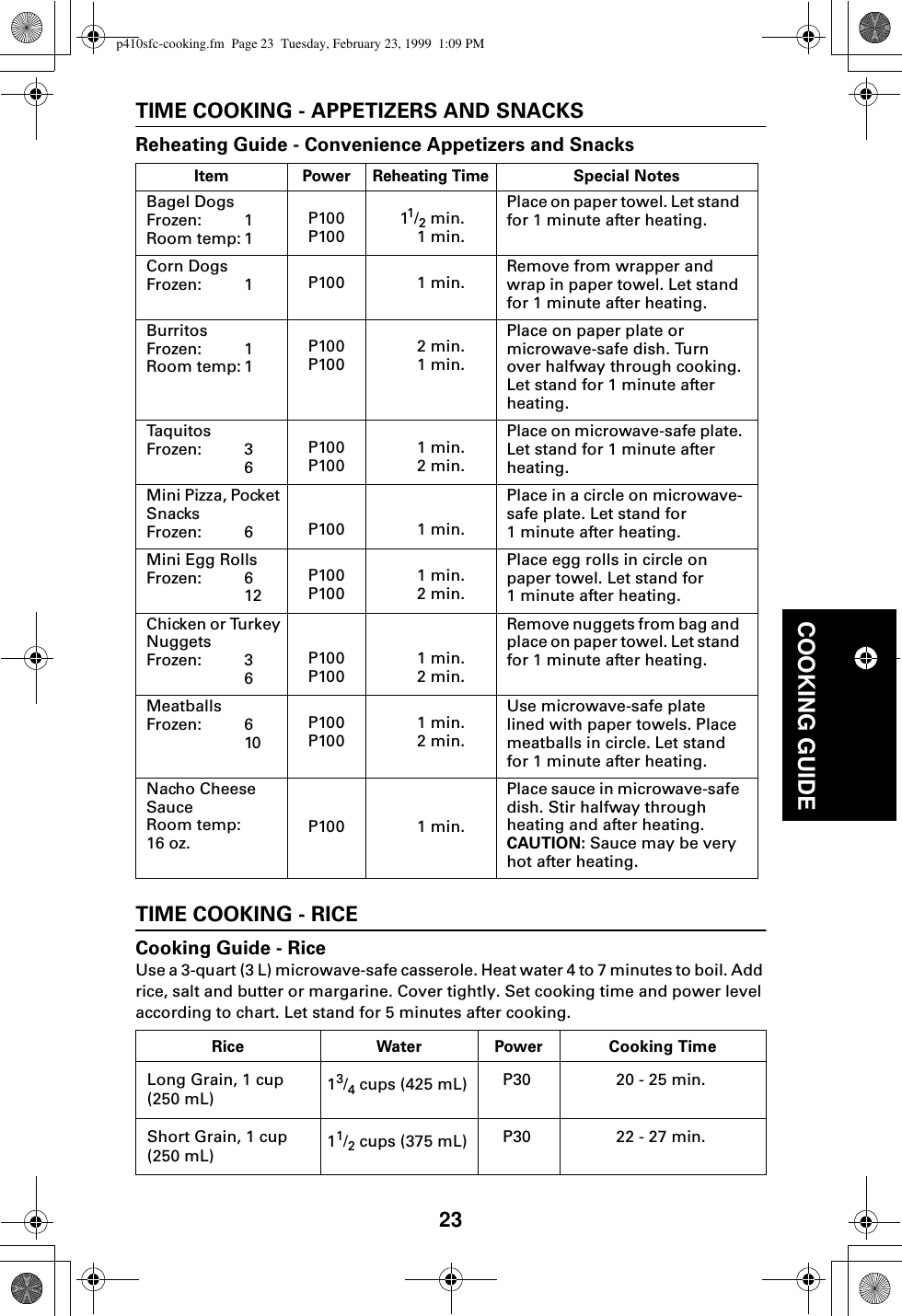 23COOKING GUIDETIME COOKING - APPETIZERS AND SNACKSReheating Guide - Convenience Appetizers and SnacksTIME COOKING - RICECooking Guide - RiceUse a 3-quart (3 L) microwave-safe casserole. Heat water 4 to 7 minutes to boil. Add rice, salt and butter or margarine. Cover tightly. Set cooking time and power level according to chart. Let stand for 5 minutes after cooking.Item PowerReheating TimeSpecial NotesBagel DogsFrozen: 1Room temp: 1P100P10011/2 min.1 min.Place on paper towel. Let stand for 1 minute after heating.Corn DogsFrozen: 1 P100 1 min.Remove from wrapper and wrap in paper towel. Let stand for 1 minute after heating.BurritosFrozen: 1Room temp: 1P100P1002 min.1 min.Place on paper plate or microwave-safe dish. Turn over halfway through cooking.Let stand for 1 minute after heating.Ta q u i t o sFrozen: 36P100P1001 min.2 min.Place on microwave-safe plate.Let stand for 1 minute after heating.Mini Pizza, Pocket SnacksFrozen: 6 P100 1 min.Place in a circle on microwave-safe plate. Let stand for 1 minute after heating.Mini Egg RollsFrozen: 612P100P1001 min.2 min.Place egg rolls in circle on paper towel. Let stand for 1 minute after heating.Chicken or Turkey NuggetsFrozen: 36P100P1001 min.2 min.Remove nuggets from bag and place on paper towel. Let stand for 1 minute after heating.MeatballsFrozen: 610P100P1001 min.2 min.Use microwave-safe plate lined with paper towels. Place meatballs in circle. Let stand for 1 minute after heating.Nacho Cheese SauceRoom temp:16 oz.P100 1 min.Place sauce in microwave-safe dish. Stir halfway through heating and after heating. CAUTION: Sauce may be very hot after heating.Rice Water Power Cooking TimeLong Grain, 1 cup (250 mL) 13/4 cups (425 mL) P30 20 - 25 min.Short Grain, 1 cup (250 mL) 11/2 cups (375 mL) P30 22 - 27 min.p410sfc-cooking.fm  Page 23  Tuesday, February 23, 1999  1:09 PM