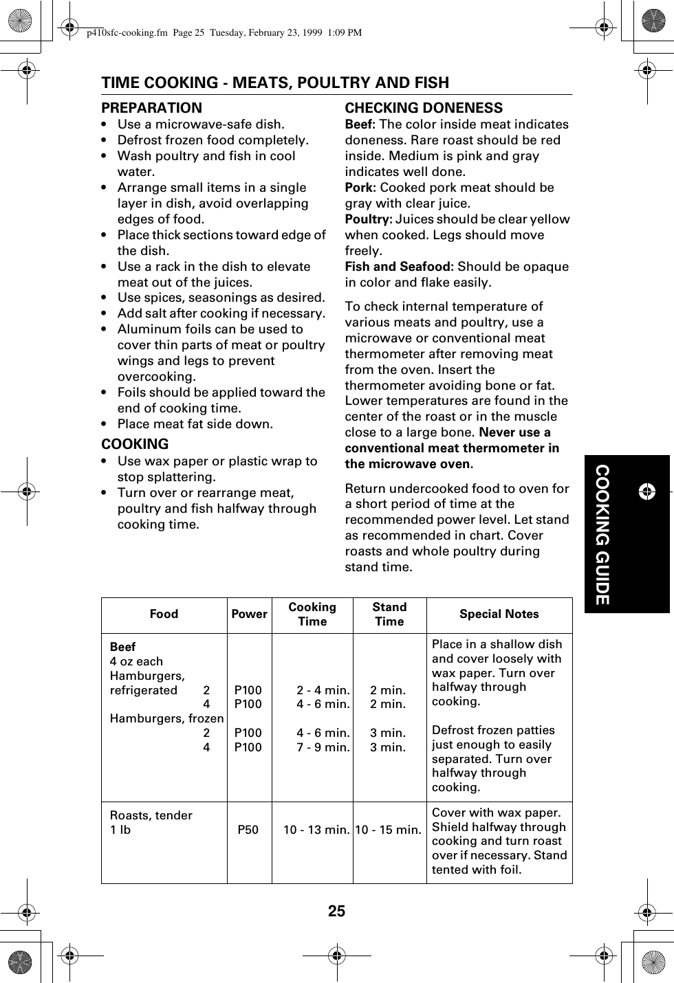 25COOKING GUIDETIME COOKING - MEATS, POULTRY AND FISHPREPARATION•Use a microwave-safe dish.•Defrost frozen food completely.•Wash poultry and fish in cool water.•Arrange small items in a single layer in dish, avoid overlapping edges of food. •Place thick sections toward edge of the dish.•Use a rack in the dish to elevate meat out of the juices.•Use spices, seasonings as desired. •Add salt after cooking if necessary. •Aluminum foils can be used to cover thin parts of meat or poultry wings and legs to prevent overcooking.•Foils should be applied toward the end of cooking time.•Place meat fat side down.COOKING•Use wax paper or plastic wrap to stop splattering.•Turn over or rearrange meat, poultry and fish halfway through cooking time.CHECKING DONENESSBeef: The color inside meat indicates doneness. Rare roast should be red inside. Medium is pink and gray indicates well done.Pork: Cooked pork meat should be gray with clear juice.Poultry: Juices should be clear yellow when cooked. Legs should move freely.Fish and Seafood: Should be opaque in color and flake easily. To check internal temperature of various meats and poultry, use a microwave or conventional meat thermometer after removing meat from the oven. Insert the thermometer avoiding bone or fat. Lower temperatures are found in the center of the roast or in the muscle close to a large bone. Never use a conventional meat thermometer in the microwave oven.Return undercooked food to oven for a short period of time at the recommended power level. Let stand as recommended in chart. Cover roasts and whole poultry during stand time.Food Power Cooking TimeStandTime Special NotesBeef4 oz eachHamburgers, refrigerated 24Hamburgers, frozen24P100P100P100P1002 - 4 min.4 - 6 min.4 - 6 min.7 - 9 min.2 min.2 min.3 min.3 min.Place in a shallow dish and cover loosely with wax paper. Turn over halfway through cooking.Defrost frozen patties just enough to easily separated. Turn over halfway through cooking.Roasts, tender 1 lb P50 10 - 13 min. 10 - 15 min.Cover with wax paper. Shield halfway through cooking and turn roast over if necessary. Stand tented with foil.p410sfc-cooking.fm  Page 25  Tuesday, February 23, 1999  1:09 PM