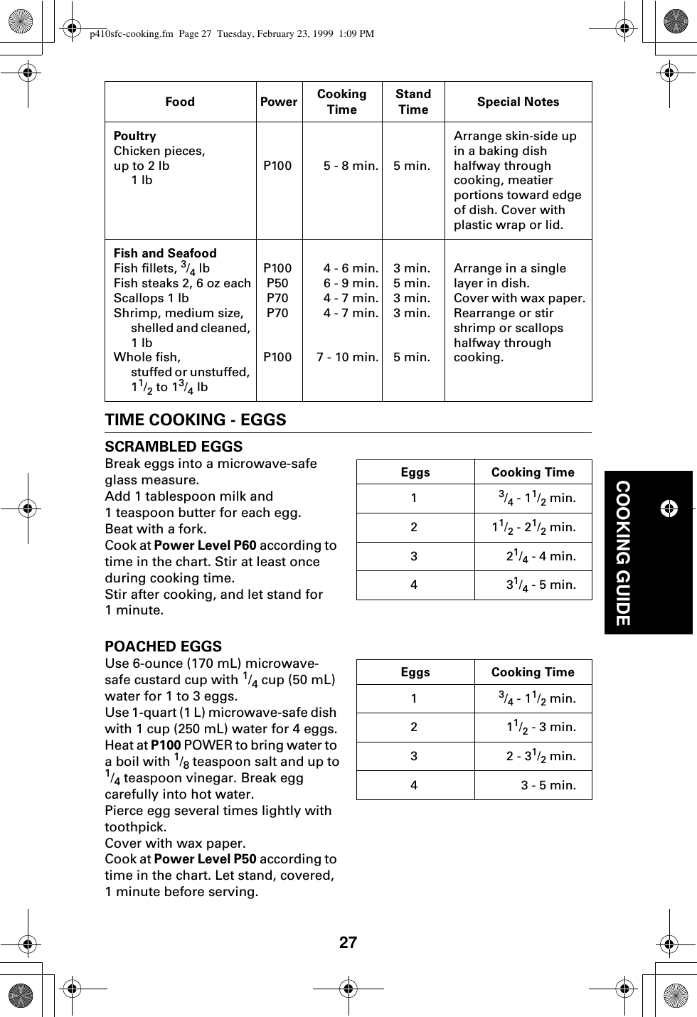 27COOKING GUIDETIME COOKING - EGGSSCRAMBLED EGGSBreak eggs into a microwave-safe glass measure.Add 1 tablespoon milk and 1 teaspoon butter for each egg. Beat with a fork.Cook at Power Level P60 according to time in the chart. Stir at least once during cooking time.Stir after cooking, and let stand for1 minute.POACHED EGGSUse 6-ounce (170 mL) microwave-safe custard cup with 1/4 cup (50 mL) water for 1 to 3 eggs.Use 1-quart (1 L) microwave-safe dish with 1 cup (250 mL) water for 4 eggs.Heat at P100 POWER to bring water to a boil with 1/8 teaspoon salt and up to1/4 teaspoon vinegar. Break egg carefully into hot water.Pierce egg several times lightly with toothpick.Cover with wax paper.Cook at Power Level P50 according to time in the chart. Let stand, covered,1 minute before serving. Food Power Cooking TimeStand Time Special NotesPoultryChicken pieces, up to 2 lb1 lbP100 5 - 8 min. 5 min.Arrange skin-side up in a baking dish halfway through cooking, meatier portions toward edge of dish. Cover with plastic wrap or lid.Fish and SeafoodFish fillets, 3/4 lbFish steaks 2, 6 oz eachScallops 1 lbShrimp, medium size,  shelled and cleaned, 1 lbWhole fish,stuffed or unstuffed, 11/2 to 13/4 lbP100P50P70P70P1004 - 6 min.6 - 9 min.4 - 7 min.4 - 7 min.7 - 10 min.3 min.5 min.3 min.3 min.5 min.Arrange in a single layer in dish.Cover with wax paper. Rearrange or stir shrimp or scallops halfway through cooking.Eggs Cooking Time13/4 - 11/2 min.211/2 - 21/2 min.321/4 - 4 min.431/4 - 5 min.Eggs Cooking Time13/4 - 11/2 min.211/2 - 3 min.32 - 31/2 min.43 - 5 min.p410sfc-cooking.fm  Page 27  Tuesday, February 23, 1999  1:09 PM