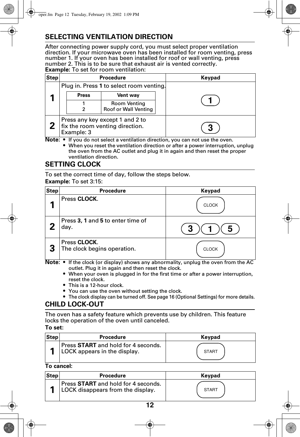 12SELECTING VENTILATION DIRECTIONAfter connecting power supply cord, you must select proper ventilation direction. If your microwave oven has been installed for room venting, press number 1. If your oven has been installed for roof or wall venting, press number 2. This is to be sure that exhaust air is vented correctly. Example: To set for room ventilation:Note: • If you do not select a ventilation direction, you can not use the oven.•When you reset the ventilation direction or after a power interruption, unplug the oven from the AC outlet and plug it in again and then reset the proper ventilation direction.SETTING CLOCKTo set the correct time of day, follow the steps below.Example: To set 3:15:Note: • If the clock (or display) shows any abnormality, unplug the oven from the AC outlet. Plug it in again and then reset the clock.•When your oven is plugged in for the first time or after a power interruption, reset the clock. •This is a 12-hour clock.•You can use the oven without setting the clock.•The clock display can be turned off. See page 16 (Optional Settings) for more details.CHILD LOCK-OUTThe oven has a safety feature which prevents use by children. This feature locks the operation of the oven until canceled.To set:To cancel:Step Procedure Keypad1Plug in. Press 1 to select room venting.2Press any key except 1 and 2 to fix the room venting direction. Example: 3Press Vent way12Room VentingRoof or Wall Venting13Step Procedure Keypad1Press CLOCK.2Press 3, 1 and 5 to enter time of day.3Press CLOCK.The clock begins operation.CLOCK315CLOCKStep Procedure Keypad1Press START and hold for 4 seconds. LOCK appears in the display. STARTStep Procedure Keypad1Press START and hold for 4 seconds. LOCK disappears from the display. STARToper.fm  Page 12  Tuesday, February 19, 2002  1:09 PM