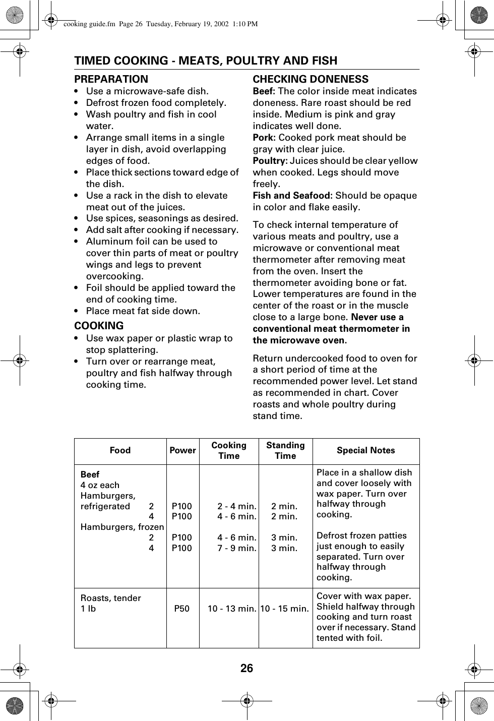26TIMED COOKING - MEATS, POULTRY AND FISHPREPARATION•Use a microwave-safe dish.•Defrost frozen food completely.•Wash poultry and fish in cool water.•Arrange small items in a single layer in dish, avoid overlapping edges of food. •Place thick sections toward edge of the dish.•Use a rack in the dish to elevate meat out of the juices.•Use spices, seasonings as desired. •Add salt after cooking if necessary. •Aluminum foil can be used to cover thin parts of meat or poultry wings and legs to prevent overcooking.•Foil should be applied toward the end of cooking time.•Place meat fat side down.COOKING•Use wax paper or plastic wrap to stop splattering.•Turn over or rearrange meat, poultry and fish halfway through cooking time.CHECKING DONENESSBeef: The color inside meat indicates doneness. Rare roast should be red inside. Medium is pink and gray indicates well done.Pork: Cooked pork meat should be gray with clear juice.Poultry: Juices should be clear yellow when cooked. Legs should move freely.Fish and Seafood: Should be opaque in color and flake easily. To check internal temperature of various meats and poultry, use a microwave or conventional meat thermometer after removing meat from the oven. Insert the thermometer avoiding bone or fat. Lower temperatures are found in the center of the roast or in the muscle close to a large bone. Never use a conventional meat thermometer in the microwave oven.Return undercooked food to oven for a short period of time at the recommended power level. Let stand as recommended in chart. Cover roasts and whole poultry during stand time.Food Power Cooking TimeStandingTime Special NotesBeef4 oz eachHamburgers, refrigerated 24Hamburgers, frozen24P100P100P100P1002 - 4 min.4 - 6 min.4 - 6 min.7 - 9 min.2 min.2 min.3 min.3 min.Place in a shallow dish and cover loosely with wax paper. Turn over halfway through cooking.Defrost frozen patties just enough to easily separated. Turn over halfway through cooking.Roasts, tender 1 lb P50 10 - 13 min. 10 - 15 min.Cover with wax paper. Shield halfway through cooking and turn roast over if necessary. Stand tented with foil.cooking guide.fm  Page 26  Tuesday, February 19, 2002  1:10 PM