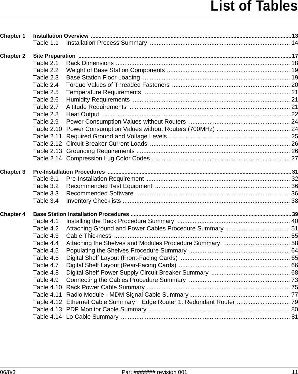 06/8/3 Part ####### revision 001 11Chapter 1 Installation Overview ...................................................................................................................................13Table 1.1 Installation Process Summary  .................................................................................. 14Chapter 2 Site Preparation  ...........................................................................................................................................17Table 2.1 Rack Dimensions ...................................................................................................... 18Table 2.2 Weight of Base Station Components ........................................................................ 19Table 2.3 Base Station Floor Loading  ...................................................................................... 19Table 2.4 Torque Values of Threaded Fasteners ..................................................................... 20Table 2.5 Temperature Requirements ...................................................................................... 21Table 2.6 Humidity Requirements  ............................................................................................ 21Table 2.7 Altitude Requirements  .............................................................................................. 21Table 2.8 Heat Output  .............................................................................................................. 22Table 2.9 Power Consumption Values without Routers  ........................................................... 24Table 2.10 Power Consumption Values without Routers (700MHz) ........................................... 24Table 2.11 Required Ground and Voltage Levels ....................................................................... 25Table 2.12 Circuit Breaker Current Loads  .................................................................................. 26Table 2.13 Grounding Requirements .......................................................................................... 26Table 2.14 Compression Lug Color Codes ................................................................................. 27Chapter 3 Pre-Installation Procedures ........................................................................................................................31Table 3.1 Pre-Installation Requirement .................................................................................... 32Table 3.2 Recommended Test Equipment  ............................................................................... 36Table 3.3 Recommended Software  .......................................................................................... 36Table 3.4 Inventory Checklists ..................................................................................................38Chapter 4 Base Station Installation Procedures .........................................................................................................39Table 4.1 Installing the Rack Procedure Summary  .................................................................. 40Table 4.2 Attaching Ground and Power Cables Procedure Summary  ..................................... 51Table 4.3 Cable Thickness  .......................................................................................................55Table 4.4 Attaching the Shelves and Modules Procedure Summary  ....................................... 58Table 4.5 Populating the Shelves Procedure Summary ........................................................... 64Table 4.6 Digital Shelf Layout (Front-Facing Cards) ................................................................ 65Table 4.7 Digital Shelf Layout (Rear-Facing Cards) ................................................................. 66Table 4.8 Digital Shelf Power Supply Circuit Breaker Summary  .............................................. 68Table 4.9 Connecting the Cables Procedure Summary  ........................................................... 73Table 4.10 Rack Power Cable Summary .................................................................................... 75Table 4.11 Radio Module - MDM Signal Cable Summary..........................................................  77Table 4.12 Ethernet Cable Summary    Edge Router 1: Redundant Router ............................... 79Table 4.13 PDP Monitor Cable Summary ................................................................................... 80Table 4.14 Lo Cable Summary ................................................................................................... 81List of Tables