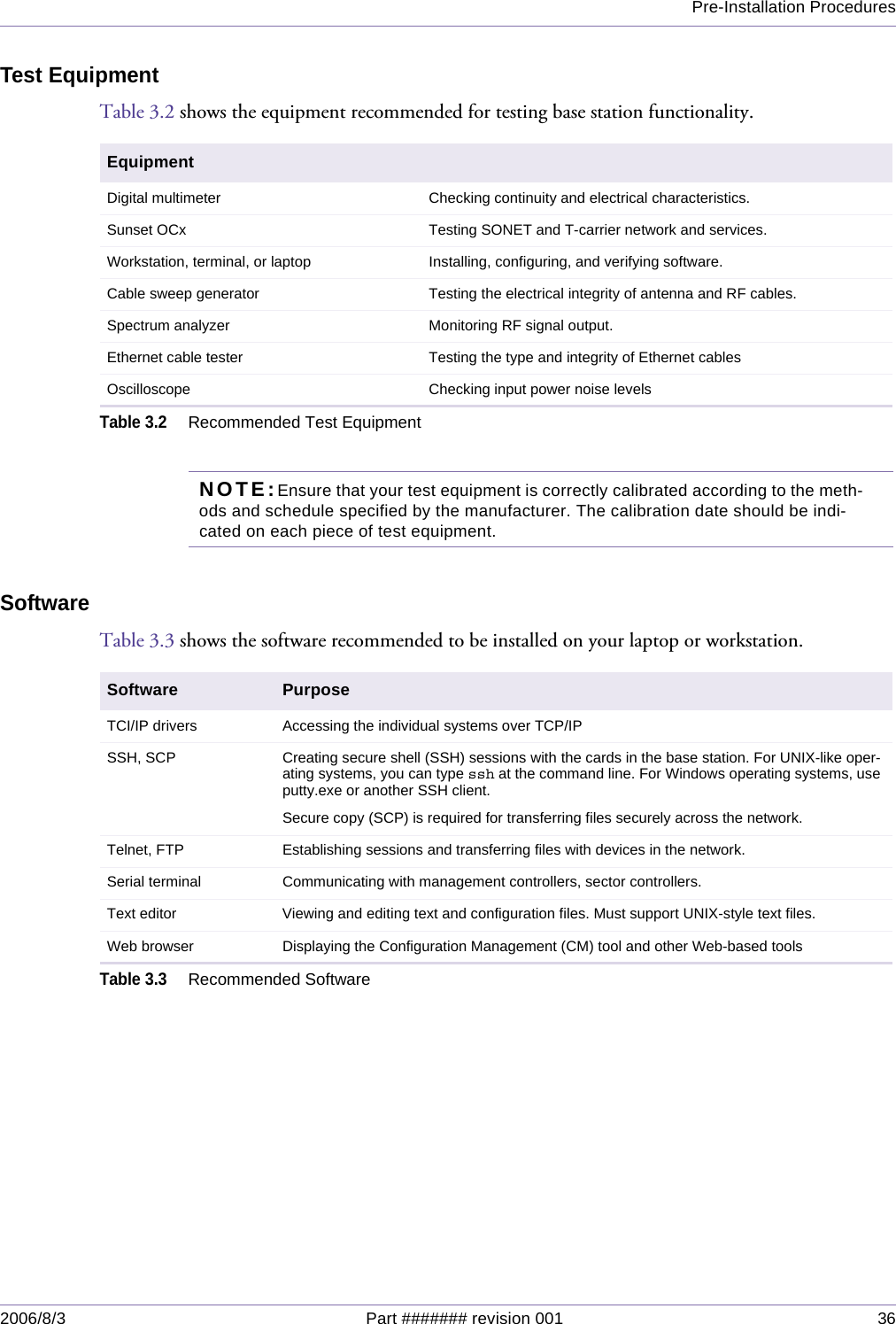 Pre-Installation Procedures2006/8/3 Part ####### revision 001 36Test EquipmentTable 3.2 shows the equipment recommended for testing base station functionality.NOTE:Ensure that your test equipment is correctly calibrated according to the meth-ods and schedule specified by the manufacturer. The calibration date should be indi-cated on each piece of test equipment.SoftwareTable 3.3 shows the software recommended to be installed on your laptop or workstation.EquipmentDigital multimeter Checking continuity and electrical characteristics.Sunset OCx Testing SONET and T-carrier network and services.Workstation, terminal, or laptop Installing, configuring, and verifying software.Cable sweep generator Testing the electrical integrity of antenna and RF cables.Spectrum analyzer Monitoring RF signal output.Ethernet cable tester Testing the type and integrity of Ethernet cablesOscilloscope Checking input power noise levelsTable 3.2Recommended Test EquipmentSoftware PurposeTCI/IP drivers Accessing the individual systems over TCP/IPSSH, SCP Creating secure shell (SSH) sessions with the cards in the base station. For UNIX-like oper-ating systems, you can type ssh at the command line. For Windows operating systems, use putty.exe or another SSH client.Secure copy (SCP) is required for transferring files securely across the network.Telnet, FTP Establishing sessions and transferring files with devices in the network.Serial terminal Communicating with management controllers, sector controllers.Text editor Viewing and editing text and configuration files. Must support UNIX-style text files.Web browser Displaying the Configuration Management (CM) tool and other Web-based toolsTable 3.3Recommended Software