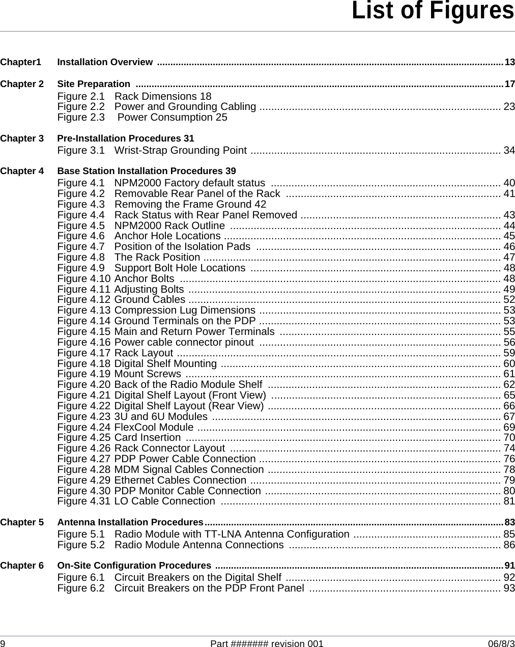 9 Part ####### revision 001 06/8/3Chapter1 Installation Overview ...................................................................................................................................13Chapter 2 Site Preparation  ...........................................................................................................................................17Figure 2.1 Rack Dimensions 18Figure 2.2 Power and Grounding Cabling .................................................................................. 23Figure 2.3  Power Consumption 25Chapter 3 Pre-Installation Procedures 31Figure 3.1 Wrist-Strap Grounding Point ..................................................................................... 34Chapter 4 Base Station Installation Procedures 39Figure 4.1 NPM2000 Factory default status  .............................................................................. 40Figure 4.2 Removable Rear Panel of the Rack  ......................................................................... 41Figure 4.3 Removing the Frame Ground 42Figure 4.4 Rack Status with Rear Panel Removed .................................................................... 43Figure 4.5 NPM2000 Rack Outline  ............................................................................................ 44Figure 4.6 Anchor Hole Locations .............................................................................................. 45Figure 4.7 Position of the Isolation Pads  ................................................................................... 46Figure 4.8 The Rack Position ..................................................................................................... 47Figure 4.9 Support Bolt Hole Locations  ..................................................................................... 48Figure 4.10 Anchor Bolts  ............................................................................................................. 48Figure 4.11 Adjusting Bolts .......................................................................................................... 49Figure 4.12 Ground Cables .......................................................................................................... 52Figure 4.13 Compression Lug Dimensions .................................................................................. 53Figure 4.14 Ground Terminals on the PDP .................................................................................. 53Figure 4.15 Main and Return Power Terminals  ........................................................................... 55Figure 4.16 Power cable connector pinout  .................................................................................. 56Figure 4.17 Rack Layout .............................................................................................................. 59Figure 4.18 Digital Shelf Mounting ............................................................................................... 60Figure 4.19 Mount Screws ........................................................................................................... 61Figure 4.20 Back of the Radio Module Shelf  ............................................................................... 62Figure 4.21 Digital Shelf Layout (Front View)  .............................................................................. 65Figure 4.22 Digital Shelf Layout (Rear View) ............................................................................... 66Figure 4.23 3U and 6U Modules .................................................................................................. 67Figure 4.24 FlexCool Module ....................................................................................................... 69Figure 4.25 Card Insertion  ........................................................................................................... 70Figure 4.26 Rack Connector Layout  ............................................................................................ 74Figure 4.27 PDP Power Cable Connection .................................................................................. 76Figure 4.28 MDM Signal Cables Connection ............................................................................... 78Figure 4.29 Ethernet Cables Connection ..................................................................................... 79Figure 4.30 PDP Monitor Cable Connection ................................................................................ 80Figure 4.31 LO Cable Connection  ............................................................................................... 81Chapter 5 Antenna Installation Procedures.................................................................................................................83Figure 5.1 Radio Module with TT-LNA Antenna Configuration .................................................. 85Figure 5.2 Radio Module Antenna Connections  ........................................................................ 86Chapter 6 On-Site Configuration Procedures .............................................................................................................91Figure 6.1 Circuit Breakers on the Digital Shelf ......................................................................... 92Figure 6.2 Circuit Breakers on the PDP Front Panel  ................................................................. 93List of Figures