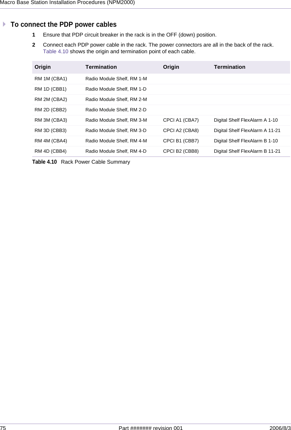 75 Part ####### revision 001 2006/8/3Macro Base Station Installation Procedures (NPM2000)To connect the PDP power cables1Ensure that PDP circuit breaker in the rack is in the OFF (down) position.2Connect each PDP power cable in the rack. The power connectors are all in the back of the rack. Table 4.10 shows the origin and termination point of each cable.Origin Termination Origin TerminationRM 1M (CBA1) Radio Module Shelf, RM 1-MRM 1D (CBB1) Radio Module Shelf, RM 1-DRM 2M (CBA2) Radio Module Shelf, RM 2-MRM 2D (CBB2)  Radio Module Shelf, RM 2-DRM 3M (CBA3) Radio Module Shelf, RM 3-M CPCI A1 (CBA7) Digital Shelf FlexAlarm A 1-10RM 3D (CBB3) Radio Module Shelf, RM 3-D CPCI A2 (CBA8) Digital Shelf FlexAlarm A 11-21RM 4M (CBA4) Radio Module Shelf, RM 4-M CPCI B1 (CBB7) Digital Shelf FlexAlarm B 1-10RM 4D (CBB4) Radio Module Shelf, RM 4-D CPCI B2 (CBB8) Digital Shelf FlexAlarm B 11-21Table 4.10Rack Power Cable Summary