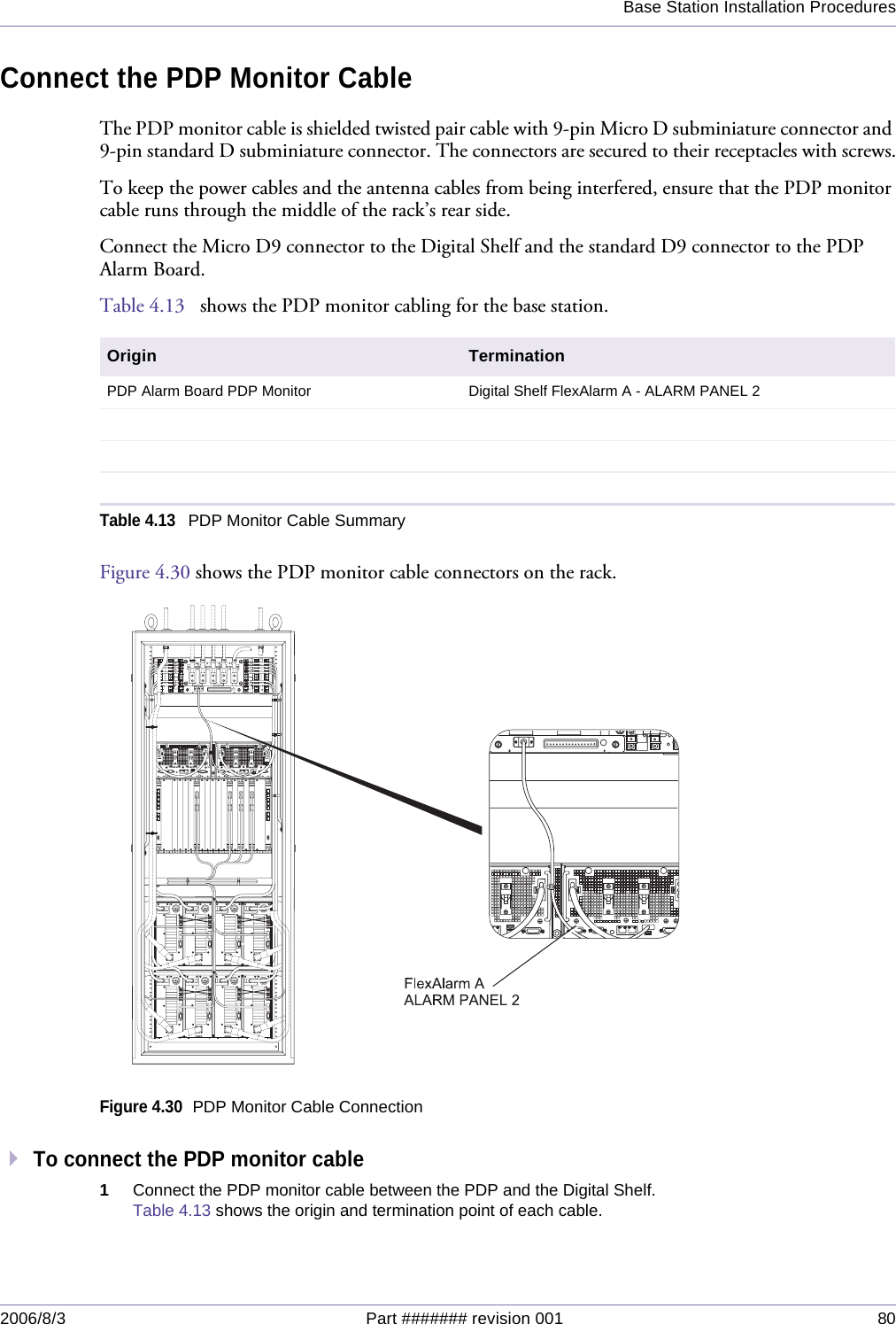 Base Station Installation Procedures2006/8/3 Part ####### revision 001 80Connect the PDP Monitor CableThe PDP monitor cable is shielded twisted pair cable with 9-pin Micro D subminiature connector and 9-pin standard D subminiature connector. The connectors are secured to their receptacles with screws.To keep the power cables and the antenna cables from being interfered, ensure that the PDP monitor cable runs through the middle of the rack’s rear side.Connect the Micro D9 connector to the Digital Shelf and the standard D9 connector to the PDP Alarm Board. Table 4.13   shows the PDP monitor cabling for the base station.Figure 4.30 shows the PDP monitor cable connectors on the rack.Figure 4.30PDP Monitor Cable ConnectionTo connect the PDP monitor cable1Connect the PDP monitor cable between the PDP and the Digital Shelf.Table 4.13 shows the origin and termination point of each cable.Origin TerminationPDP Alarm Board PDP Monitor Digital Shelf FlexAlarm A - ALARM PANEL 2Table 4.13PDP Monitor Cable Summary1235791011121315161718192021