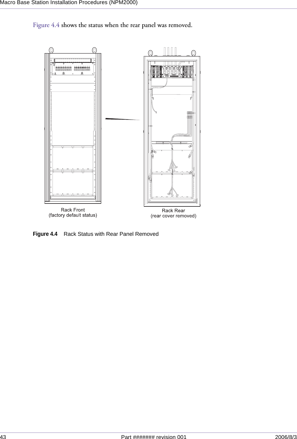 43 Part ####### revision 001 2006/8/3Macro Base Station Installation Procedures (NPM2000)Figure 4.4 shows the status when the rear panel was removed.Figure 4.4Rack Status with Rear Panel Removed