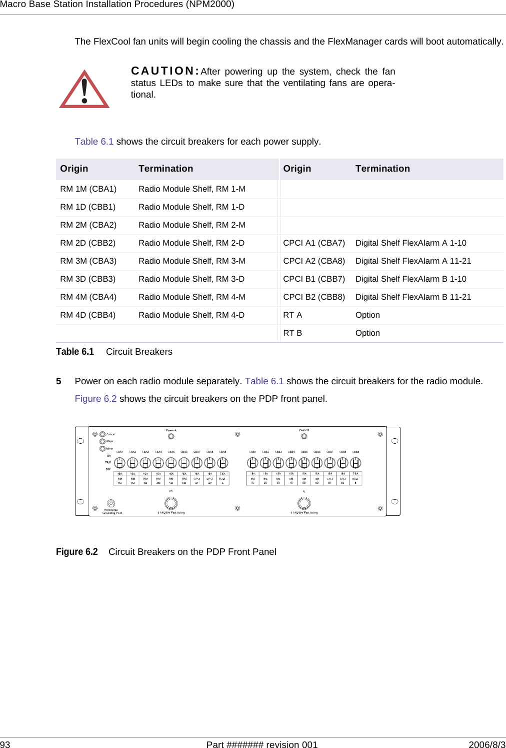 93 Part ####### revision 001 2006/8/3Macro Base Station Installation Procedures (NPM2000)The FlexCool fan units will begin cooling the chassis and the FlexManager cards will boot automatically.Table 6.1 shows the circuit breakers for each power supply.5Power on each radio module separately. Table 6.1 shows the circuit breakers for the radio module.Figure 6.2 shows the circuit breakers on the PDP front panel.Figure 6.2Circuit Breakers on the PDP Front Panel!CAUTION:After powering up the system, check the fanstatus LEDs to make sure that the ventilating fans are opera-tional. Origin Termination Origin TerminationRM 1M (CBA1) Radio Module Shelf, RM 1-MRM 1D (CBB1) Radio Module Shelf, RM 1-DRM 2M (CBA2) Radio Module Shelf, RM 2-MRM 2D (CBB2) Radio Module Shelf, RM 2-D CPCI A1 (CBA7) Digital Shelf FlexAlarm A 1-10RM 3M (CBA3) Radio Module Shelf, RM 3-M CPCI A2 (CBA8) Digital Shelf FlexAlarm A 11-21RM 3D (CBB3) Radio Module Shelf, RM 3-D CPCI B1 (CBB7) Digital Shelf FlexAlarm B 1-10RM 4M (CBA4) Radio Module Shelf, RM 4-M CPCI B2 (CBB8) Digital Shelf FlexAlarm B 11-21RM 4D (CBB4) Radio Module Shelf, RM 4-D RT A OptionRT B OptionTable 6.1Circuit BreakersF1