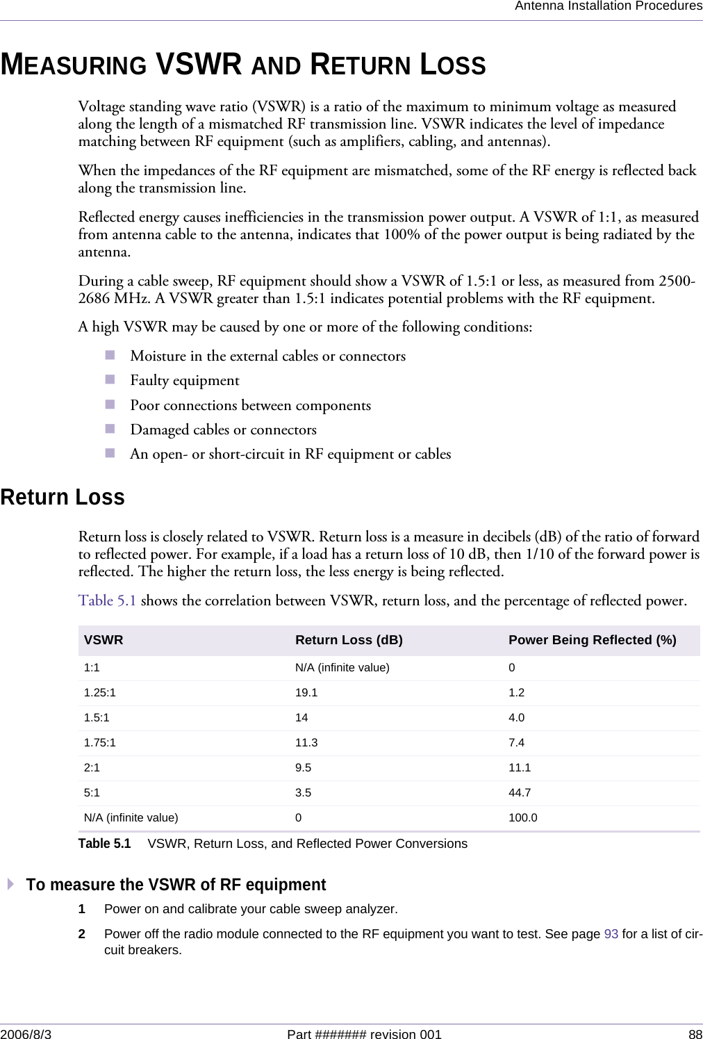 Antenna Installation Procedures2006/8/3 Part ####### revision 001 88MEASURING VSWR AND RETURN LOSSVoltage standing wave ratio (VSWR) is a ratio of the maximum to minimum voltage as measured along the length of a mismatched RF transmission line. VSWR indicates the level of impedance matching between RF equipment (such as amplifiers, cabling, and antennas). When the impedances of the RF equipment are mismatched, some of the RF energy is reflected back along the transmission line.Reflected energy causes inefficiencies in the transmission power output. A VSWR of 1:1, as measured from antenna cable to the antenna, indicates that 100% of the power output is being radiated by the antenna. During a cable sweep, RF equipment should show a VSWR of 1.5:1 or less, as measured from 2500-2686 MHz. A VSWR greater than 1.5:1 indicates potential problems with the RF equipment.A high VSWR may be caused by one or more of the following conditions:Moisture in the external cables or connectorsFaulty equipmentPoor connections between componentsDamaged cables or connectorsAn open- or short-circuit in RF equipment or cablesReturn LossReturn loss is closely related to VSWR. Return loss is a measure in decibels (dB) of the ratio of forward to reflected power. For example, if a load has a return loss of 10 dB, then 1/10 of the forward power is reflected. The higher the return loss, the less energy is being reflected.Table 5.1 shows the correlation between VSWR, return loss, and the percentage of reflected power.To measure the VSWR of RF equipment1Power on and calibrate your cable sweep analyzer.2Power off the radio module connected to the RF equipment you want to test. See page 93 for a list of cir-cuit breakers.VSWR Return Loss (dB) Power Being Reflected (%)1:1 N/A (infinite value) 01.25:1 19.1 1.21.5:1 14 4.01.75:1 11.3 7.42:1 9.5 11.15:1 3.5 44.7N/A (infinite value) 0 100.0Table 5.1VSWR, Return Loss, and Reflected Power Conversions