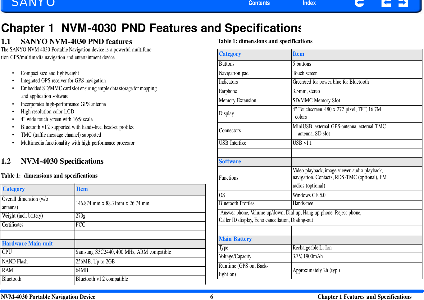   SANYO Contents Index Chapter 1  NVM-4030  PND Features and Specifications1.1 SANYO NVM-4030 PND features The SANYO NVM-4030 Portable Navigation device is a powerful multifunc- tion GPS/multimedia navigation and entertainment device.  • Compact size and lightweight • Integrated GPS receiver for GPS navigation • Embedded SD/MMC card slot ensuring ample data storage for mapping and application software • Incorporates high-performance GPS antenna • High-resolution color LCD • 4” wide touch screen with 16:9 scale • Bluetooth v1.2 supported with hands-free, headset profiles • TMC (traffic message channel) supported • Multimedia functionality with high performance processor Table 1: dimensions and specifications  Category Item Buttons 5 buttons Navigation pad Touch screen Indicators Green/red for power, blue for Bluetooth Earphone 3.5mm, stereo Memory Extension SD/MMC Memory Slot Display 4&quot; Touchscreen, 480 x 272 pixel, TFT, 16.7M colors Connectors MiniUSB, external GPS-antenna, external TMC antenna, SD slot USB Interface USB v1.1 1.2 NVM-4030 Specifications  Table 1:  dimensions and specifications  Category Item Software  Functions Video playback, image viewer, audio playback, navigation, Contacts, RDS-TMC (optional), FM radios (optional) Overall dimension (w/o antenna) 146.874 mm x 88.31mm x 26.74 mm Weight (incl. battery) 270g Certificates FCC OS Windows CE 5.0 Bluetooth Profiles Hands-free -Answer phone, Volume up/down, Dial up, Hang up phone, Reject phone, Caller ID display, Echo cancellation, Dialing-out Hardware Main unit CPU Samsung S3C2440, 400 MHz, ARM compatible NAND Flash 256MB, Up to 2GB RAM 64MB Bluetooth Bluetooth v1.2 compatible Main Battery Type Rechargeable Li-Ion Voltage/Capacity 3.7V, 1900mAh Runtime (GPS on, Back- light on) Approximately 2h (typ.) NVM-4030 Portable Navigation Device 6 Chapter 1 Features and Specifications  