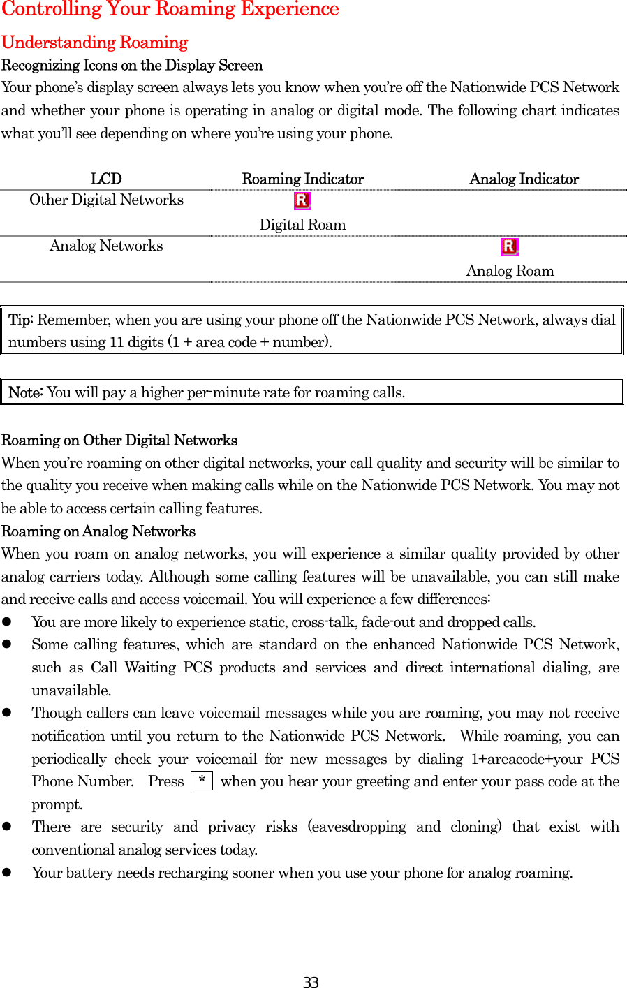  33Controlling Your Roaming Experience Understanding Roaming Recognizing Icons on the Display Screen Your phone’s display screen always lets you know when you’re off the Nationwide PCS Network and whether your phone is operating in analog or digital mode. The following chart indicates what you’ll see depending on where you’re using your phone.  LCD  Roaming Indicator  Analog Indicator Other Digital Networks    Digital Roam   Analog Networks      Analog Roam  Tip: Remember, when you are using your phone off the Nationwide PCS Network, always dial numbers using 11 digits (1 + area code + number).  Note: You will pay a higher per-minute rate for roaming calls.  Roaming on Other Digital Networks When you’re roaming on other digital networks, your call quality and security will be similar to the quality you receive when making calls while on the Nationwide PCS Network. You may not be able to access certain calling features. Roaming on Analog Networks When you roam on analog networks, you will experience a similar quality provided by other analog carriers today. Although some calling features will be unavailable, you can still make and receive calls and access voicemail. You will experience a few differences:     You are more likely to experience static, cross-talk, fade-out and dropped calls.   Some calling features, which are standard on the enhanced Nationwide PCS Network, such as Call Waiting PCS products and services and direct international dialing, are unavailable.   Though callers can leave voicemail messages while you are roaming, you may not receive notification until you return to the Nationwide PCS Network.  While roaming, you can periodically check your voicemail for new messages by dialing 1+areacode+your PCS Phone Number.  Press  *  when you hear your greeting and enter your pass code at the prompt.   There are security and privacy risks (eavesdropping and cloning) that exist with conventional analog services today.   Your battery needs recharging sooner when you use your phone for analog roaming.   