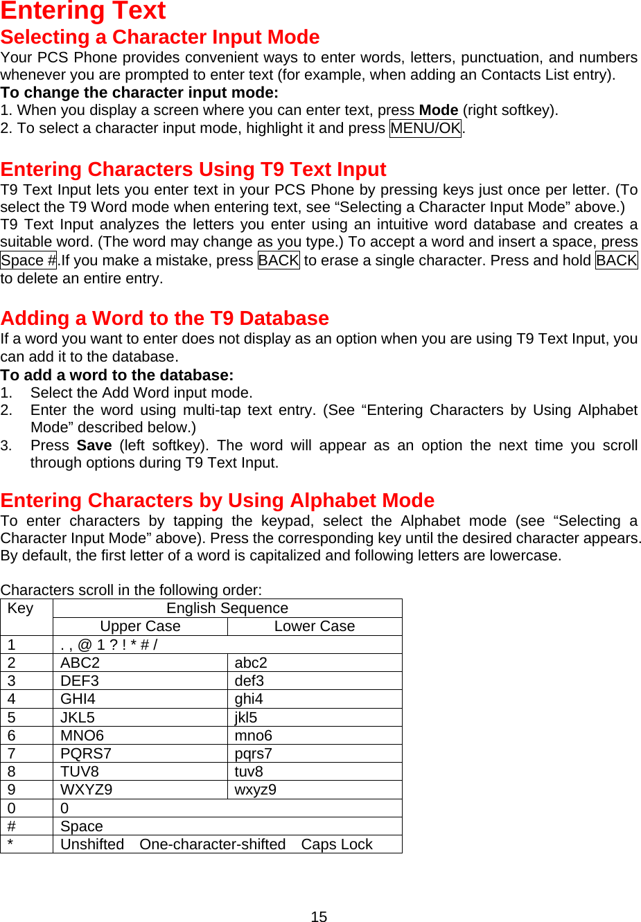   Entering Text Selecting a Character Input Mode Your PCS Phone provides convenient ways to enter words, letters, punctuation, and numbers whenever you are prompted to enter text (for example, when adding an Contacts List entry). To change the character input mode: 1. When you display a screen where you can enter text, press Mode (right softkey). 2. To select a character input mode, highlight it and press MENU/OK.  Entering Characters Using T9 Text Input T9 Text Input lets you enter text in your PCS Phone by pressing keys just once per letter. (To select the T9 Word mode when entering text, see “Selecting a Character Input Mode” above.) T9 Text Input analyzes the letters you enter using an intuitive word database and creates a suitable word. (The word may change as you type.) To accept a word and insert a space, press Space #.If you make a mistake, press BACK to erase a single character. Press and hold BACK to delete an entire entry.  Adding a Word to the T9 Database If a word you want to enter does not display as an option when you are using T9 Text Input, you can add it to the database. To add a word to the database: 1.  Select the Add Word input mode. 2.  Enter the word using multi-tap text entry. (See “Entering Characters by Using Alphabet Mode” described below.) 3.  Press  Save (left softkey). The word will appear as an option the next time you scroll through options during T9 Text Input.  Entering Characters by Using Alphabet Mode To enter characters by tapping the keypad, select the Alphabet mode (see “Selecting a Character Input Mode” above). Press the corresponding key until the desired character appears. By default, the first letter of a word is capitalized and following letters are lowercase.  Characters scroll in the following order: English Sequence Key  Upper Case  Lower Case 1  . , @ 1 ? ! * # / 2 ABC2  abc2 3 DEF3  def3 4 GHI4  ghi4 5 JKL5  jkl5 6 MNO6  mno6 7 PQRS7  pqrs7 8 TUV8  tuv8 9 WXYZ9  wxyz9 0 0 # Space *  Unshifted  One-character-shifted  Caps Lock  15