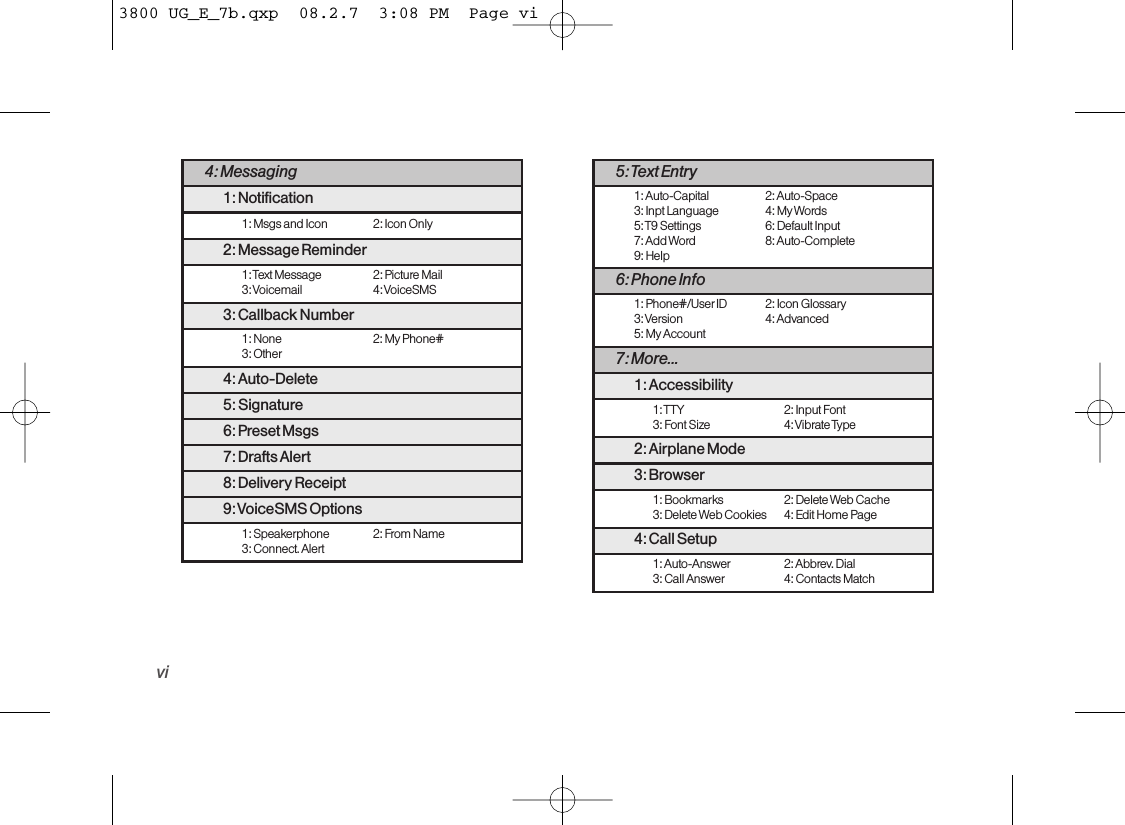 vi5: Text  Entry1: Auto-Capital 2: Auto-Space3: Inpt Language 4: My Words5:T9 Settings 6: Default Input7: Add Word 8: Auto-Complete9: Help6: Phone Info1: Phone#/User ID 2: Icon Glossary3:Version 4: Advanced5: My Account7: More...1: Accessibility1:TTY 2: Input Font3: Font Size 4: Vibrate Type2: Airplane Mode3: Browser1: Bookmarks 2: Delete Web Cache3: Delete Web Cookies 4: Edit Home Page4: Call Setup1: Auto-Answer 2: Abbrev. Dial3: Call Answer 4: Contacts Match4: Messaging1: Notification1: Msgs and Icon 2: Icon Only2: Message Reminder1:Text Message 2: Picture Mail3:Voicemail 4: VoiceSMS3: Callback Number1: None 2: My Phone#3: Other4: Auto-Delete5: Signature6: Preset Msgs7: Drafts Alert8: Delivery Receipt9: VoiceSMS  Options1: Speakerphone 2: From Name3: Connect. Alert3800 UG_E_7b.qxp  08.2.7  3:08 PM  Page vi