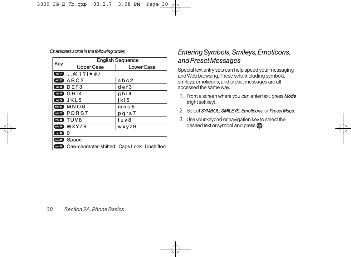 Characters scroll in the following order: Entering Symbols, Smileys, Emoticons, and Preset MessagesSpecial text entry sets can help speed your messagingand Web browsing. These sets, including symbols,smileys, emoticons, and preset messages are allaccessed the same way.1. From a screen where you can enter text, press Mode(right softkey).2. Select SYMBOL,SMILEYS,Emoticons,or Preset Msgs.3. Use your keypad ornavigation key to select thedesired text orsymbol and press .ABCDEFGHIJKLMNOPQRSTUVWXYZEnglish SequenceUpper CaseKey.,@1?!*# /ABC2D E F 3GHI4J K L 5MNO6P Q RS7T U V 8W X Y Z 9abc2def3ghi4j k l 5mno6pqrs7tuv8w x yz 90SpaceOne-character-shifted   Caps Lock UnshiftedLower Case30 Section 2A. Phone Basics3800 UG_E_7b.qxp  08.2.7  3:08 PM  Page 30