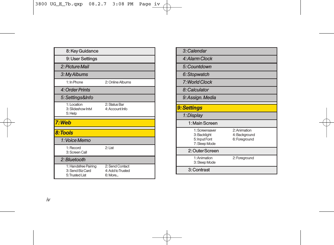 iv3: Calendar4: Alarm Clock5: Countdown6: Stopwatch7: World Clock8: Calculator9: Assign. Media9: Settings1: Display1: Main Screen1: Screensaver 2: Animation3: Backlight 4: Background5: Input Font 6: Foreground7: Sleep Mode2: OuterScreen1: Animation 2: Foreground 3: Sleep Mode3: Contrast8: Key Guidance9: User Settings2: Picture Mail3: My Albums1: In Phone 2: Online Albums4: Order Prints5: Settings&amp;Info1: Location  2: Status Bar3: Slideshow Intvl  4: Account Info5: Help7: Web8: Tools1: Voice Memo1: Record 2: List3: Screen Call2: Bluetooth1: Handsfree Pairing 2: Send Contact3: Send Biz Card 4: Add to Trusted5:Trusted List 6: More...3800 UG_E_7b.qxp  08.2.7  3:08 PM  Page iv