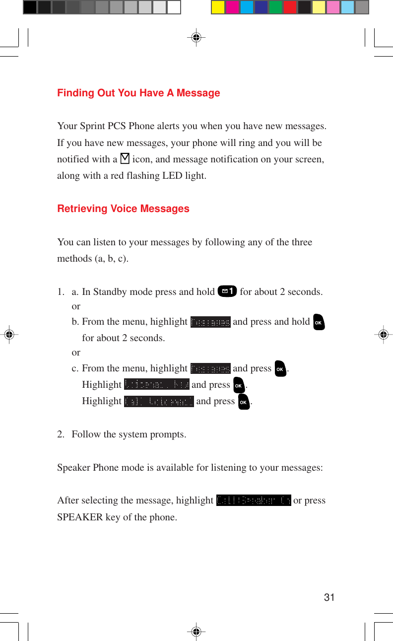 31Finding Out You Have A MessageYour Sprint PCS Phone alerts you when you have new messages.If you have new messages, your phone will ring and you will benotified with a   icon, and message notification on your screen,along with a red flashing LED light.Retrieving Voice MessagesYou can listen to your messages by following any of the threemethods (a, b, c).1. a. In Standby mode press and hold   for about 2 seconds.orb. From the menu, highlight   and press and hold for about 2 seconds.orc. From the menu, highlight   and press  .Highlight   and press  .Highlight   and press  .2. Follow the system prompts.Speaker Phone mode is available for listening to your messages:After selecting the message, highlight   or pressSPEAKER key of the phone.