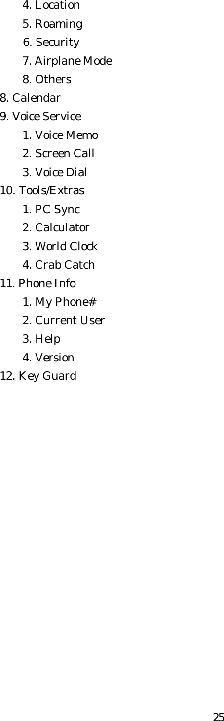   25    4. Location     5. Roaming     6. Security     7. Airplane Mode     8. Others 8. Calendar 9. Voice Service     1. Voice Memo     2. Screen Call     3. Voice Dial 10. Tools/Extras     1. PC Sync     2. Calculator     3. World Clock     4. Crab Catch 11. Phone Info     1. My Phone#     2. Current User     3. Help     4. Version 12. Key Guard                  