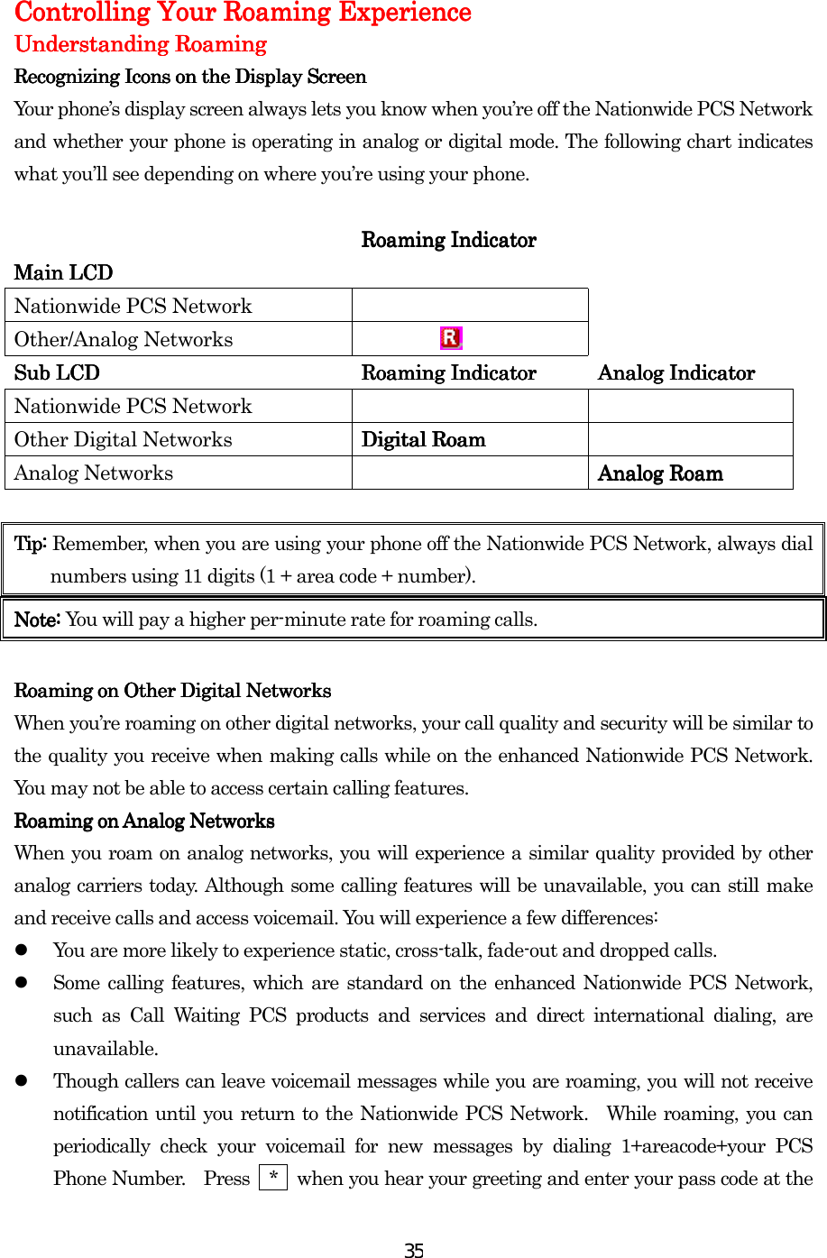  35 Controlling Your Roaming ExperienceControlling Your Roaming ExperienceControlling Your Roaming ExperienceControlling Your Roaming Experience    Understanding RoamingUnderstanding RoamingUnderstanding RoamingUnderstanding Roaming    Recognizing Icons on the Display ScreenRecognizing Icons on the Display ScreenRecognizing Icons on the Display ScreenRecognizing Icons on the Display Screen    Your phone’s display screen always lets you know when you’re off the Nationwide PCS Network and whether your phone is operating in analog or digital mode. The following chart indicates what you’ll see depending on where you’re using your phone.         Main LCDMain LCDMain LCDMain LCD        Roaming IndicatorRoaming IndicatorRoaming IndicatorRoaming Indicator     Nationwide PCS Network   Other/Analog Networks             Sub LCDSub LCDSub LCDSub LCD    Roaming IndicatorRoaming IndicatorRoaming IndicatorRoaming Indicator    AnalogAnalogAnalogAnalog Indicator Indicator Indicator Indicator    Nationwide PCS Network     Other Digital Networks  Digital RoamDigital RoamDigital RoamDigital Roam        Analog Networks      Analog RoamAnalog RoamAnalog RoamAnalog Roam     Tip: Tip: Tip: Tip: Remember, when you are using your phone off the Nationwide PCS Network, always dial numbers using 11 digits (1 + area code + number). Note: Note: Note: Note: You will pay a higher per-minute rate for roaming calls.     Roaming on Other Digital NetworksRoaming on Other Digital NetworksRoaming on Other Digital NetworksRoaming on Other Digital Networks    When you’re roaming on other digital networks, your call quality and security will be similar to the quality you receive when making calls while on the enhanced Nationwide PCS Network. You may not be able to access certain calling features. Roaming on Analog NetworksRoaming on Analog NetworksRoaming on Analog NetworksRoaming on Analog Networks    When you roam on analog networks, you will experience a similar quality provided by other analog carriers today. Although some calling features will be unavailable, you can still make and receive calls and access voicemail. You will experience a few differences:     You are more likely to experience static, cross-talk, fade-out and dropped calls.   Some calling features, which are standard on the enhanced Nationwide PCS Network, such as Call Waiting PCS products and services and direct international dialing, are unavailable.   Though callers can leave voicemail messages while you are roaming, you will not receive notification until you return to the Nationwide PCS Network.  While roaming, you can periodically check your voicemail for new messages by dialing 1+areacode+your PCS Phone Number.    Press    *    when you hear your greeting and enter your pass code at the 