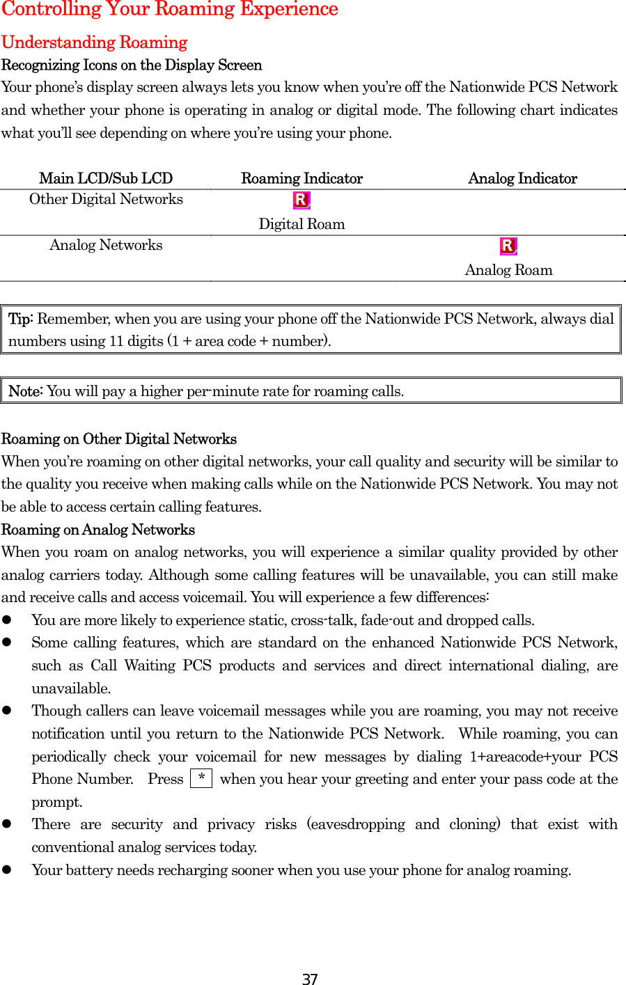  37Controlling Your Roaming Experience Understanding Roaming Recognizing Icons on the Display Screen Your phone’s display screen always lets you know when you’re off the Nationwide PCS Network and whether your phone is operating in analog or digital mode. The following chart indicates what you’ll see depending on where you’re using your phone.  Main LCD/Sub LCD  Roaming Indicator  Analog Indicator Other Digital Networks    Digital Roam   Analog Networks      Analog Roam  Tip: Remember, when you are using your phone off the Nationwide PCS Network, always dial numbers using 11 digits (1 + area code + number).  Note: You will pay a higher per-minute rate for roaming calls.  Roaming on Other Digital Networks When you’re roaming on other digital networks, your call quality and security will be similar to the quality you receive when making calls while on the Nationwide PCS Network. You may not be able to access certain calling features. Roaming on Analog Networks When you roam on analog networks, you will experience a similar quality provided by other analog carriers today. Although some calling features will be unavailable, you can still make and receive calls and access voicemail. You will experience a few differences:     You are more likely to experience static, cross-talk, fade-out and dropped calls.   Some calling features, which are standard on the enhanced Nationwide PCS Network, such as Call Waiting PCS products and services and direct international dialing, are unavailable.   Though callers can leave voicemail messages while you are roaming, you may not receive notification until you return to the Nationwide PCS Network.  While roaming, you can periodically check your voicemail for new messages by dialing 1+areacode+your PCS Phone Number.  Press  *  when you hear your greeting and enter your pass code at the prompt.   There are security and privacy risks (eavesdropping and cloning) that exist with conventional analog services today.   Your battery needs recharging sooner when you use your phone for analog roaming.   