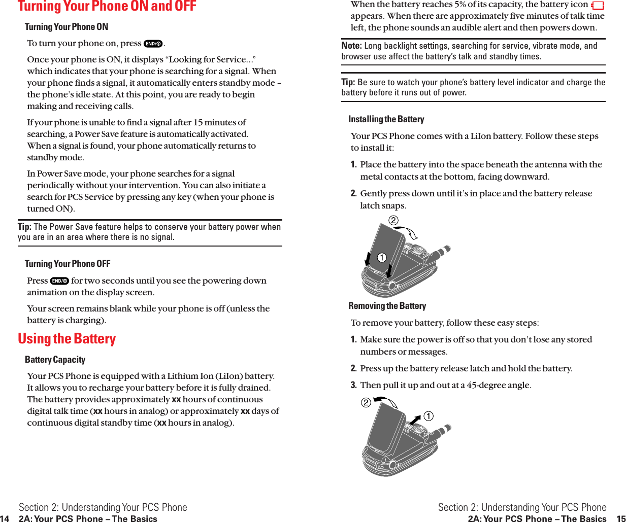 When the battery reaches 5% of its capacity, the battery icon appears. When there are approximately five minutes of talk timeleft, the phone sounds an audible alert and then powers down.Note: Long backlight settings, searching for service, vibrate mode, andbrowser use affect the battery’s talk and standby times.Tip: Be sure to watch your phone’s battery level indicator and charge thebattery before it runs out of power.Installing the BatteryYour PCS Phone comes with a LiIon battery. Follow these stepsto install it:1. Place the battery into the space beneath the antenna with themetal contacts at the bottom, facing downward.2. Gently press down until it’s in place and the battery releaselatch snaps.Removing the BatteryTo remove your battery, follow these easy steps:1. Make sure the power is off so that you don’t lose any storednumbers or messages.2. Press up the battery release latch and hold the battery.3. Then pull it up and out at a 45-degree angle.Section 2: Understanding Your PCS Phone2A: Your PCS Phone – The Basics 15Turning Your Phone ON and OFFTurning Your Phone ONTo turn your phone on, press  .Once your phone is ON, it displays “Looking for Service...”which indicates that your phone is searching for a signal. Whenyour phone finds a signal, it automatically enters standby mode –the phone’s idle state. At this point, you are ready to beginmaking and receiving calls.If your phone is unable to find a signal after 15 minutes ofsearching, a Power Save feature is automatically activated.When a signal is found, your phone automatically returns tostandby mode.In Power Save mode, your phone searches for a signalperiodically without your intervention. You can also initiate asearch for PCS Service by pressing any key (when your phone isturned ON).Tip: The Power Save feature helps to conserve your battery power whenyou are in an area where there is no signal.Turning Your Phone OFFPress  for two seconds until you see the powering downanimation on the display screen.Your screen remains blank while your phone is off (unless thebattery is charging).Using the BatteryBattery CapacityYour PCS Phone is equipped with a Lithium Ion (LiIon) battery.It allows you to recharge your battery before it is fully drained.The battery provides approximately xx hours of continuousdigital talk time (xx hours in analog) or approximately xx days ofcontinuous digital standby time (xx hours in analog).Section 2: Understanding Your PCS Phone14 2A: Your PCS Phone – The Basics