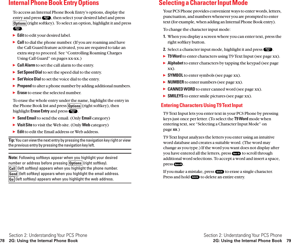 Selecting a Character Input ModeYour PCS Phone provides convenient ways to enter words, letters,punctuation, and numbers whenever you are prompted to entertext (for example, when adding an Internal Phone Book entry).To change the character input mode:1. When you display a screen where you can enter text, press theright softkey button.2. Select a character input mode, highlight it and press  .ᮣT9 Word to enter characters using T9 Text Input (see page xx).ᮣAlphabet to enter characters by tapping the keypad (see pagexx).ᮣSYMBOL to enter symbols (see page xx).ᮣNUMBER to enter numbers (see page xx).ᮣCANNED WORD to enter canned word (see page xx).ᮣSMILEYS to enter smile pictures (see page xx).Entering Characters Using T9 Text InputT9 Text Input lets you enter text in your PCS Phone by pressingkeys just once per letter. (To select the T9 Word mode whenentering text, see “Selecting a Character Input Mode” on page xx.)T9 Text Input analyzes the letters you enter using an intuitiveword database and creates a suitable word. (The word maychange as you type.) If the word you want does not display afteryou have entered all the letters, press  to scroll throughadditional word selections. To accept a word and insert a space,press  .If you make a mistake, press  to erase a single character.Press and hold  to delete an entire entry.Section 2: Understanding Your PCS Phone2G: Using the Internal Phone Book 79Internal Phone Book Entry OptionsTo access an Internal Phone Book Entry’s options, display theentry and press  , then select your desired label and press(right softkey). To select an option, highlight it and press.ᮣEdit to edit your desired label.ᮣCall to dial the phone number. (If you are roaming and havethe Call Guard feature activated, you are required to take anextra step to proceed. See “Controlling Roaming ChargesUsing Call Guard” on pages xx-xx.)ᮣCall Alarm to set the call alarm to the entry.ᮣSet Speed Dial to set the speed dial to the entry.ᮣSet Voice Dial to set the voice dial to the entry.ᮣPrepend to alter a phone number by adding additional numbers.ᮣErase to erase the selected number.To erase the whole entry under the name, highlight the entry inthe Phone Book list and press  (right softkey), thenhighlight Erase Entry and press  .ᮣSend Email to send the email. (Only Email category)ᮣVisit Site to visit the Web site. (Only Web category)ᮣEdit to edit the Email address or Web address.Tip: You can view the next entry by pressing the navigation key right or viewthe previous entry by pressing the navigation key left.Note: Following softkeys appear when you highlight your desirednumber or address before pressing  (right softkey).(left softkey) appears when you highlight the phone number.(left softkey) appears when you highlight the email address.(left softkey) appears when you highlight the web address.GoSendCallOptionsOptionsOptionsSection 2: Understanding Your PCS Phone78 2G: Using the Internal Phone Book