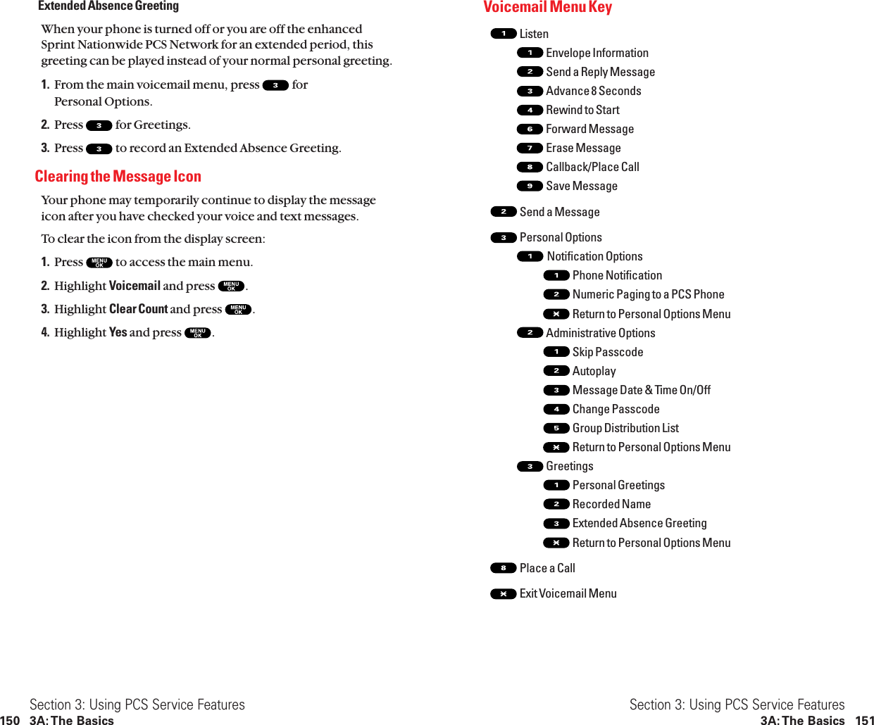 Voicemail Menu KeyListenEnvelope InformationSend a Reply MessageAdvance 8 SecondsRewind to StartForward MessageErase MessageCallback/Place CallSave MessageSend a MessagePersonal OptionsNotification OptionsPhone NotificationNumeric Paging to a PCS PhoneReturn to Personal Options MenuAdministrative OptionsSkip PasscodeAutoplayMessage Date &amp; Time On/OffChange PasscodeGroup Distribution ListReturn to Personal Options MenuGreetingsPersonal GreetingsRecorded NameExtended Absence GreetingReturn to Personal Options MenuPlace a CallExit Voicemail MenuSection 3: Using PCS Service Features3A: The Basics 151Extended Absence GreetingWhen your phone is turned off or you are off the enhancedSprint Nationwide PCS Network for an extended period, thisgreeting can be played instead of your normal personal greeting.1. From the main voicemail menu, press  for Personal Options.2. Press  for Greetings.3. Press  to record an Extended Absence Greeting.Clearing the Message IconYour phone may temporarily continue to display the messageicon after you have checked your voice and text messages.To clear the icon from the display screen:1. Press  to access the main menu.2. Highlight Voicemail and press  .3. Highlight Clear Count and press  .4. Highlight Yes and press  .Section 3: Using PCS Service Features150 3A: The Basics