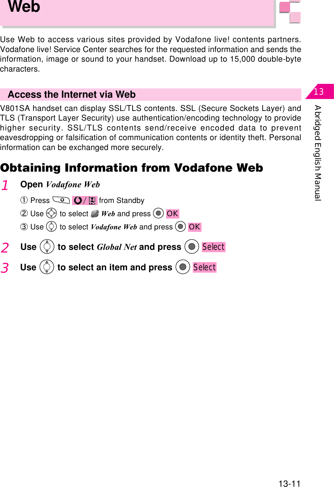 Abridged English Manual1313-11WebUse Web to access various sites provided by Vodafone live! contents partners.Vodafone live! Service Center searches for the requested information and sends theinformation, image or sound to your handset. Download up to 15,000 double-bytecharacters.Access the Internet via WebV801SA handset can display SSL/TLS contents. SSL (Secure Sockets Layer) andTLS (Transport Layer Security) use authentication/encoding technology to providehigher security. SSL/TLS contents send/receive encoded data to preventeavesdropping or falsification of communication contents or identity theft. Personalinformation can be exchanged more securely.1Open Vodafone WebԘPress  from StandbyԙUse  to select  Web and press  OKԚUse  to select Vodafone Web and press  OKObtaining Information from Vodafone Web2Use  to select Global Net and press Select3Use  to select an item and press Select