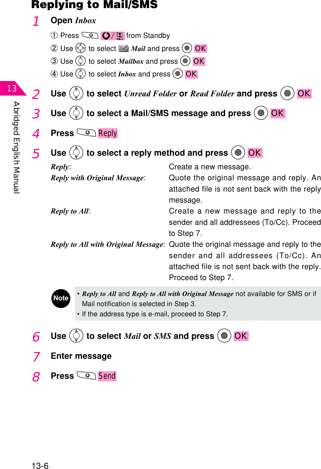 Abridged English Manual1313-61Open InboxԘPress  from StandbyԙUse  to select  Mail and press  OKԚUse  to select Mailbox and press  OKԛUse  to select Inbox and press  OKReplying to Mail/SMS2Use  to select Unread Folder or Read Folder and press  OK3Use  to select a Mail/SMS message and press  OK4PressReply5Use  to select a reply method and press  OKReply: Create a new message.Reply with Original Message: Quote the original message and reply. Anattached file is not sent back with the replymessage.Reply to All: Create a new message and reply to thesender and all addressees (To/Cc). Proceedto Step 7.Reply to All with Original Message: Quote the original message and reply to thesender and all addressees (To/Cc). Anattached file is not sent back with the reply.Proceed to Step 7.Note•Reply to All and Reply to All with Original Message not available for SMS or ifMail notification is selected in Step 3.• If the address type is e-mail, proceed to Step 7.6Use  to select Mail or SMS and press  OK7Enter message8PressSend