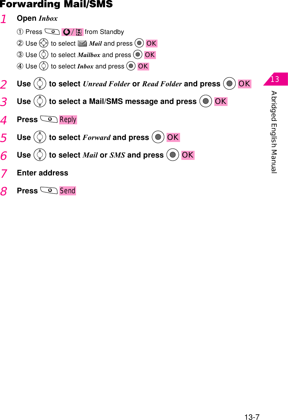 Abridged English Manual1313-7Forwarding Mail/SMS4PressReply5Use  to select Forward and press  OK6Use  to select Mail or SMS and press  OK7Enter address8PressSend1Open InboxԘPress  from StandbyԙUse  to select  Mail and press  OKԚUse  to select Mailbox and press  OKԛUse  to select Inbox and press  OK2Use  to select Unread Folder or Read Folder and press  OK3Use  to select a Mail/SMS message and press  OK