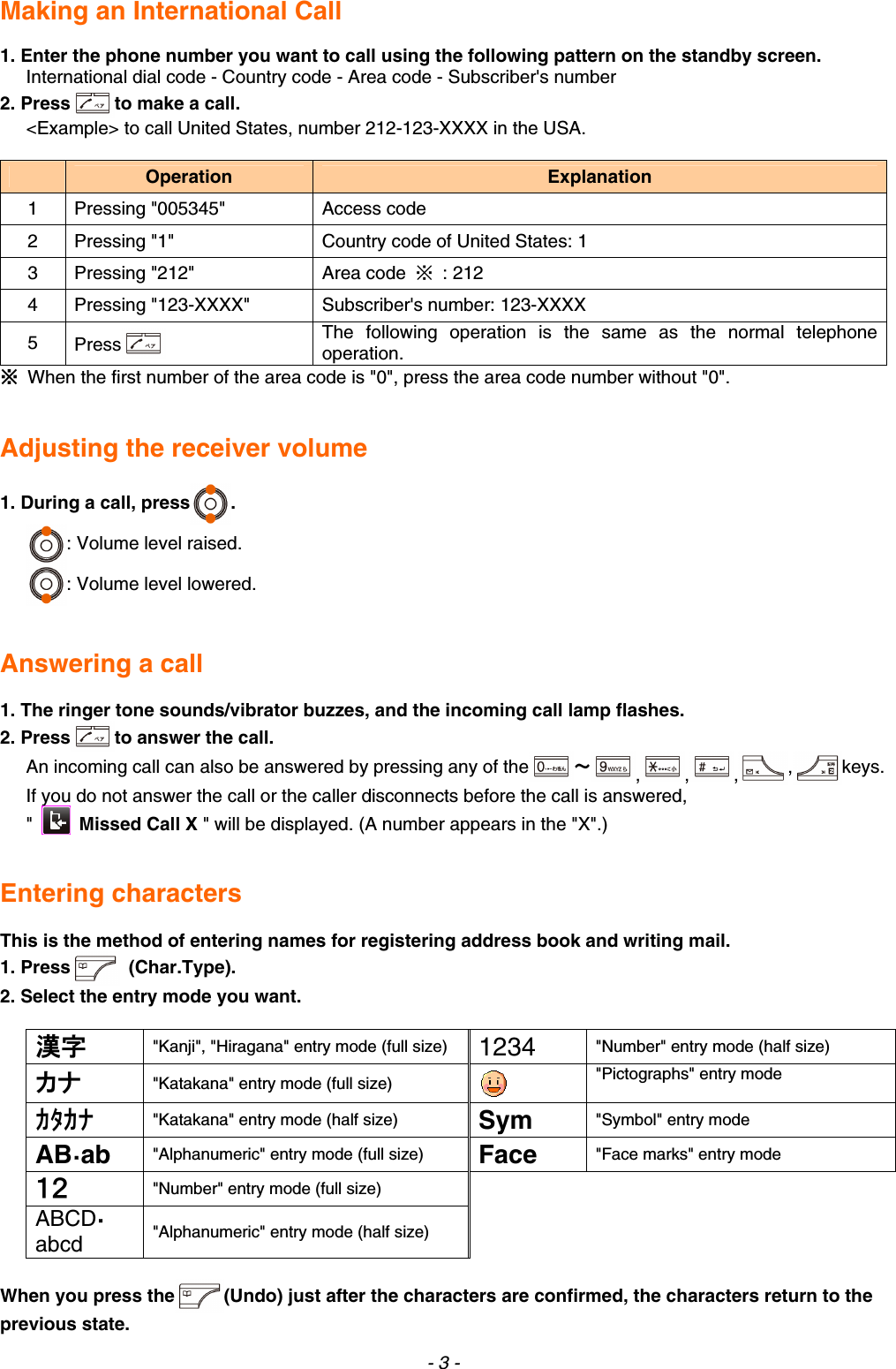 Making an International Call  1. Enter the phone number you want to call using the following pattern on the standby screen. International dial code - Country code - Area code - Subscriber&apos;s number 2. Press to make a call. &lt;Example&gt; to call United States, number 212-123-XXXX in the USA.   Operation  Explanation 1  Pressing &quot;005345&quot;  Access code 2  Pressing &quot;1&quot;  Country code of United States: 1 3 Pressing &quot;212&quot;  Area code  ※ : 212 4 Pressing &quot;123-XXXX&quot;  Subscriber&apos;s number: 123-XXXX 5  Press  The following operation is the same as the normal telephone operation. ※  When the first number of the area code is &quot;0&quot;, press the area code number without &quot;0&quot;.   Adjusting the receiver volume  1. During a call, press . : Volume level raised. : Volume level lowered.   Answering a call  1. The ringer tone sounds/vibrator buzzes, and the incoming call lamp flashes. 2. Press to answer the call. An incoming call can also be answered by pressing any of the ～, , , ,keys.  If you do not answer the call or the caller disconnects before the call is answered, &quot;   Missed Call X &quot; will be displayed. (A number appears in the &quot;X&quot;.)   Entering characters  This is the method of entering names for registering address book and writing mail. 1. Press  (Char.Type). 2. Select the entry mode you want.  漢字 &quot;Kanji&quot;, &quot;Hiragana&quot; entry mode (full size)  1234  &quot;Number&quot; entry mode (half size) カナ &quot;Katakana&quot; entry mode (full size)   &quot;Pictographs&quot; entry mode  ｶﾀｶﾅ &quot;Katakana&quot; entry mode (half size)  Sym  &quot;Symbol&quot; entry mode AB・ab  &quot;Alphanumeric&quot; entry mode (full size)  Face  &quot;Face marks&quot; entry mode １２ &quot;Number&quot; entry mode (full size)   ABCD・abcd  &quot;Alphanumeric&quot; entry mode (half size) When you press the (Undo) just after the characters are confirmed, the characters return to the previous state. - 3 - 