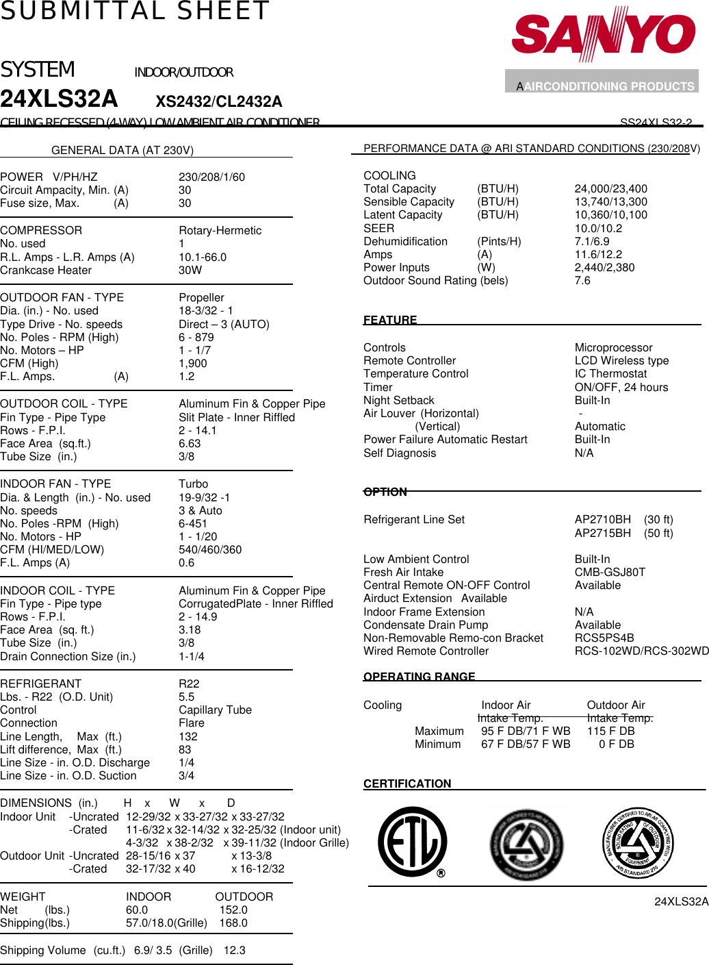 Page 2 of 3 - Sanyo Sanyo-24Xs32A-Users-Manual- SUBMITTAL SHEET  Sanyo-24xs32a-users-manual